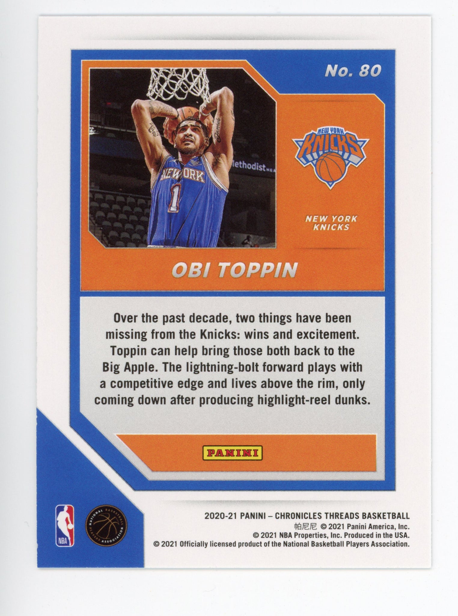 2020-2021 Obi Toppin Rookie Panini Threads New York Knicks # 80