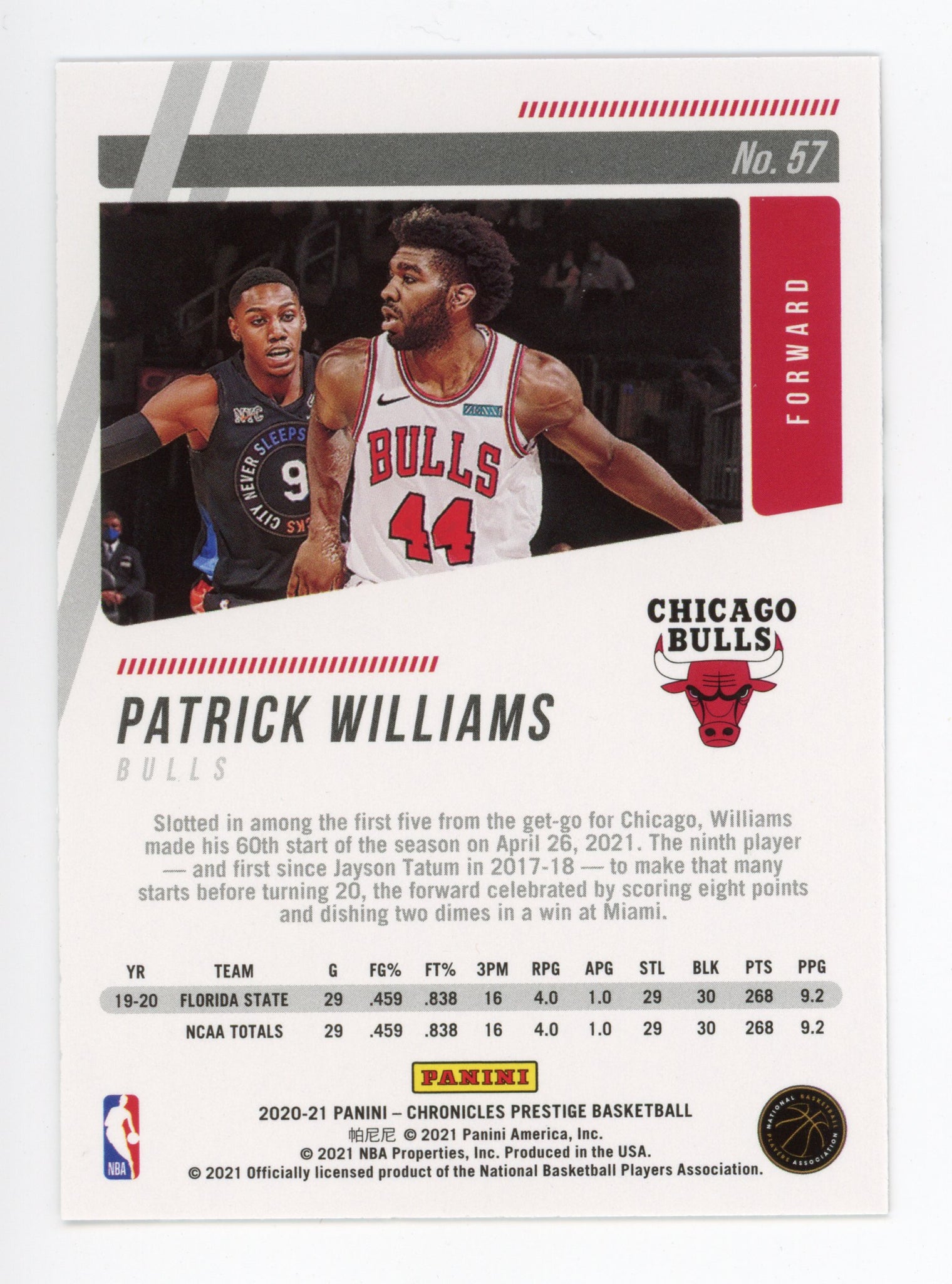2020-2021 Patrick Williams Rookie Prestige Panini Chicago Bulls # 57