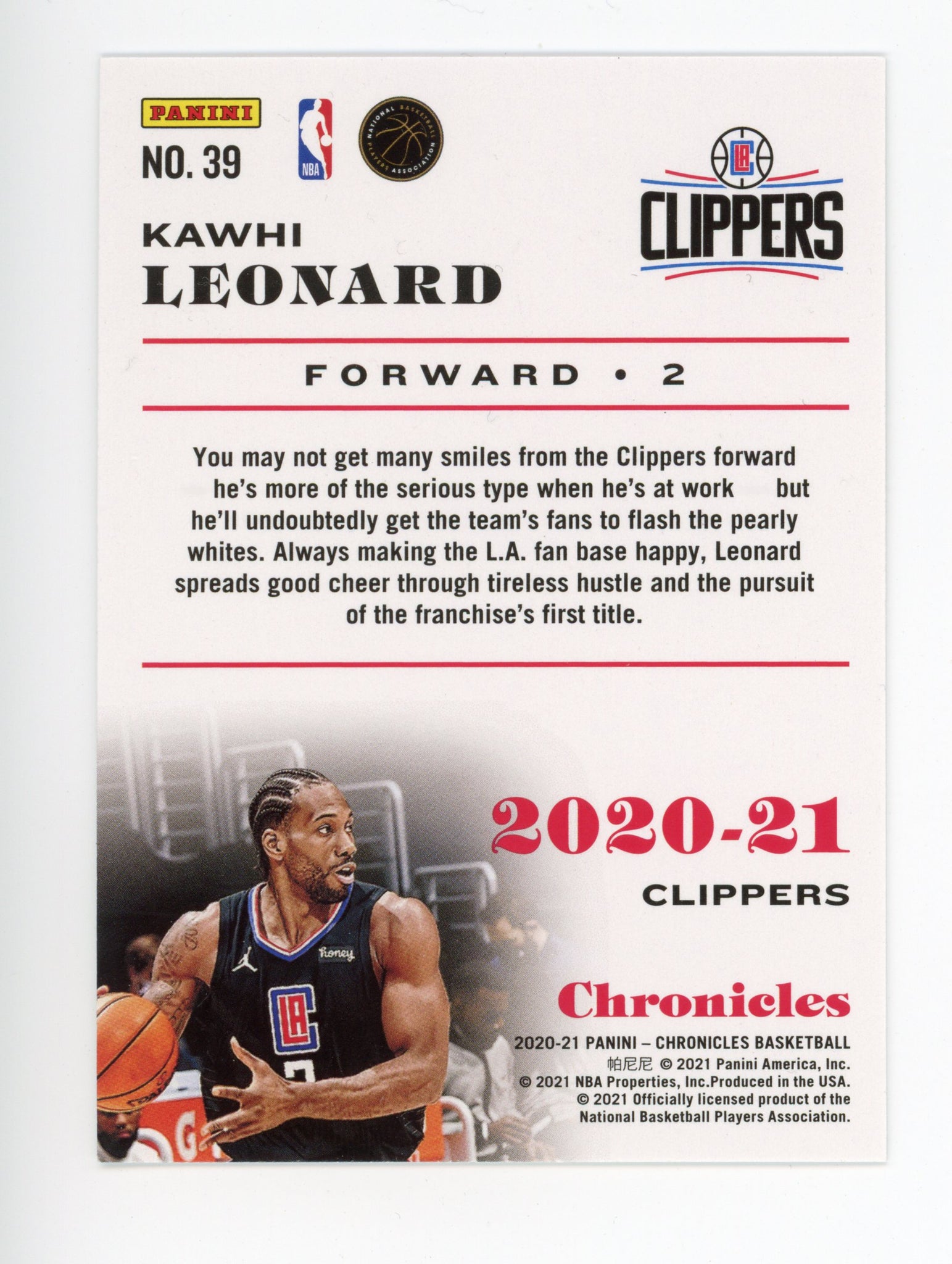 2020-2021 Kawhi Leonard Pink Chronicles Panini Los Angeles Clippers # 39
