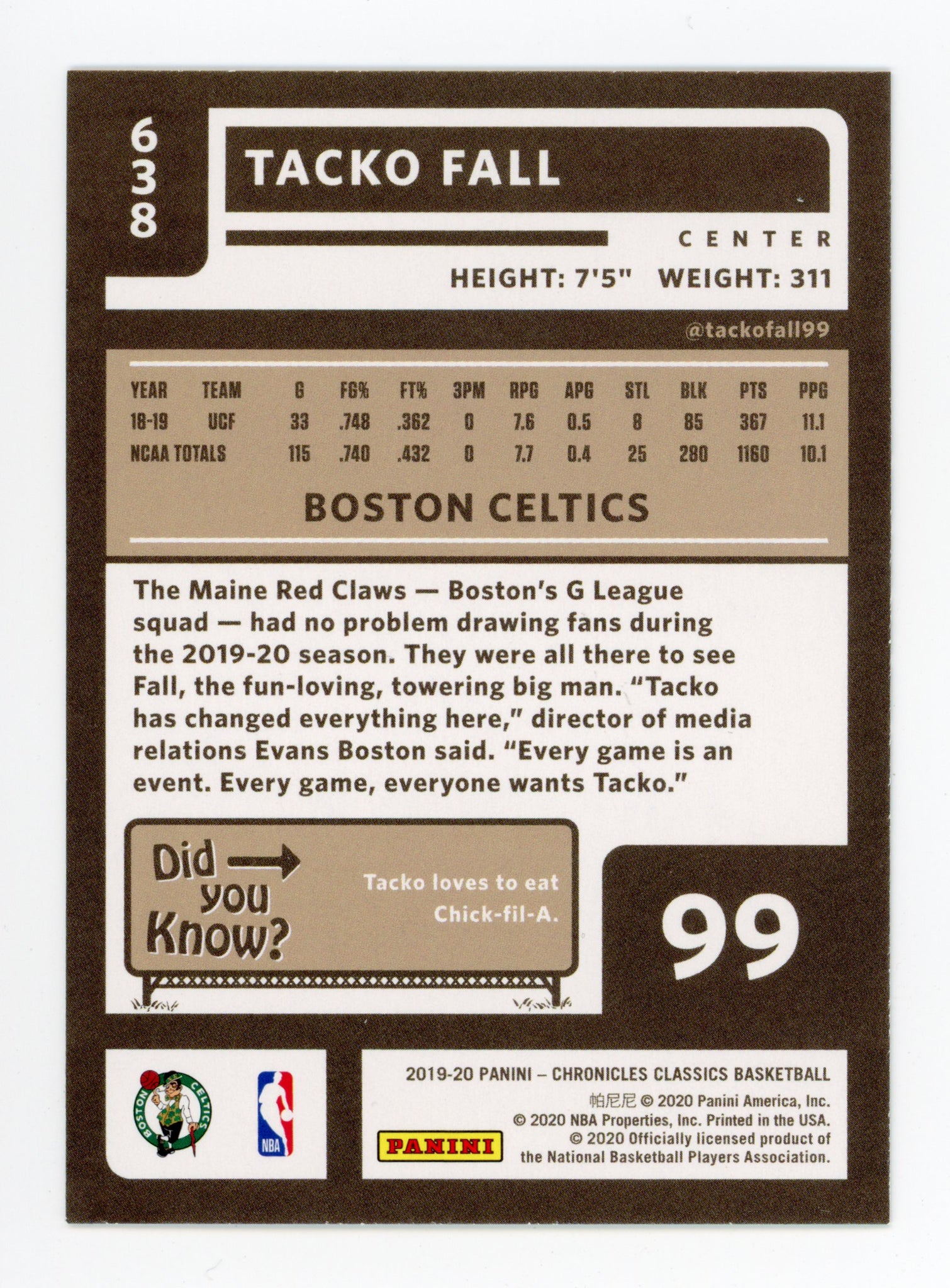 2019-2020 Tacko Fall Rookie Classics Panini Boston Celtics # 638