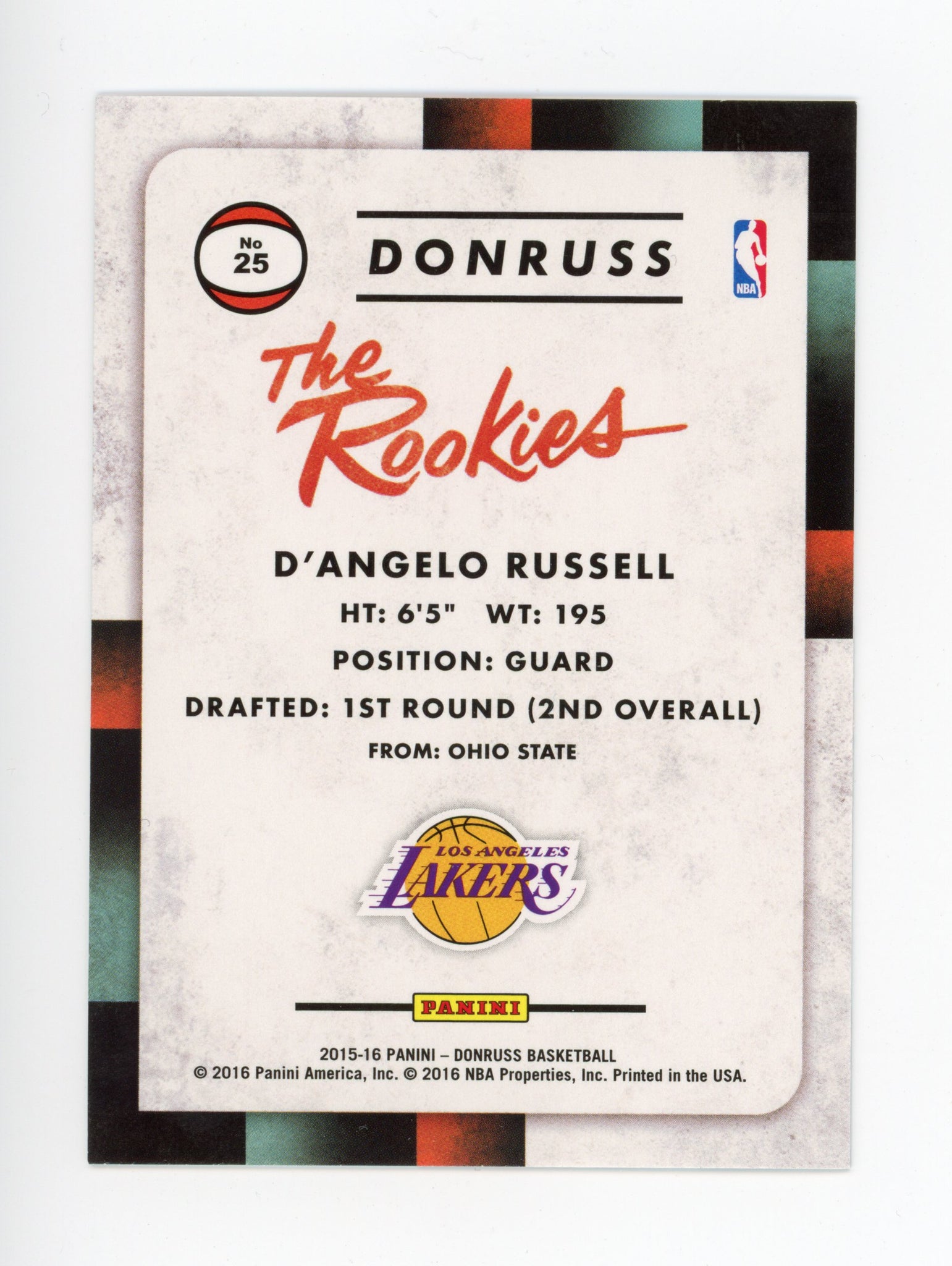 2015-2016 D'angelo Russell Rookie Donruss Panini Los Angeles Lakers #25