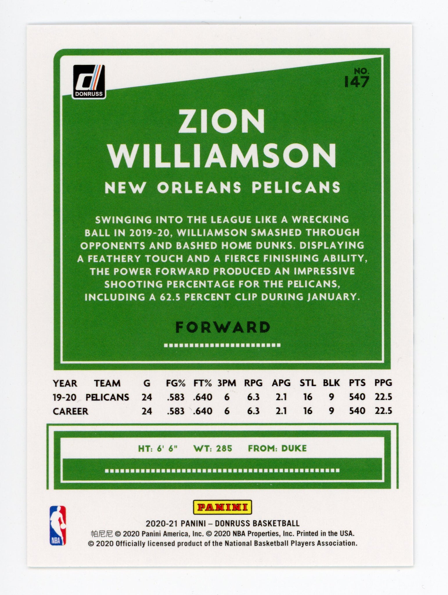 2020-2021 Zion Williamson Bronze Donruss Panini New Orleans Pelicans # 147