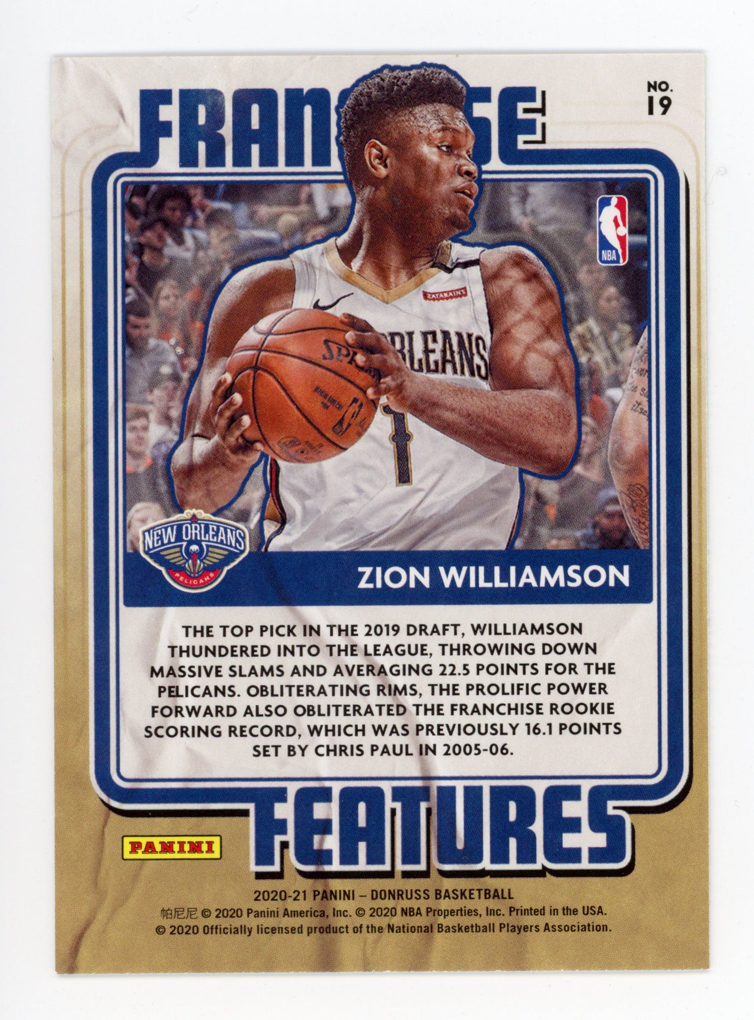 2020-2021 Zion Williamson Franchise Features Panini New Orleans Pelicans # 19