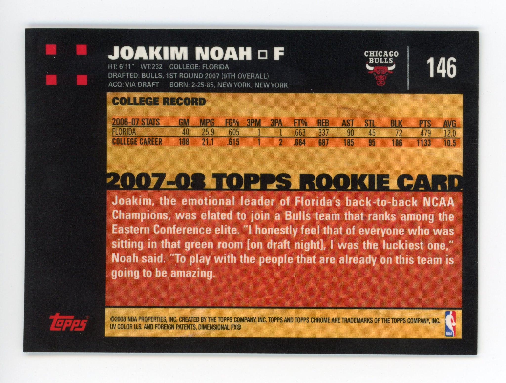 2007-2008 Joakim Noah Topps Chrome Chicago Bulls # 146