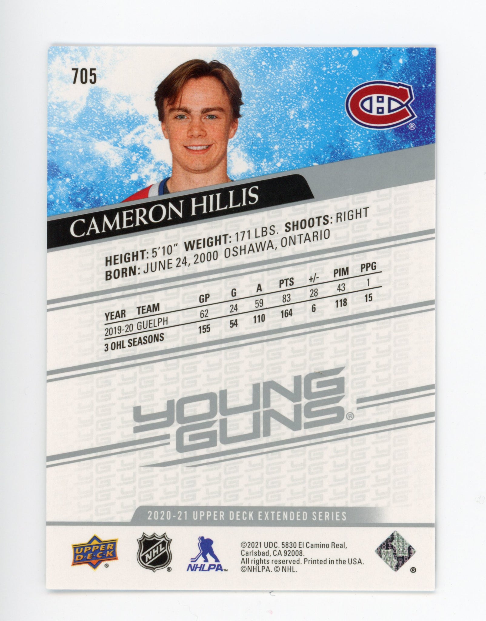 2020-2021 Cameron Hillis Young Guns Upper Deck Extended Series Montreal Canadiens # 705