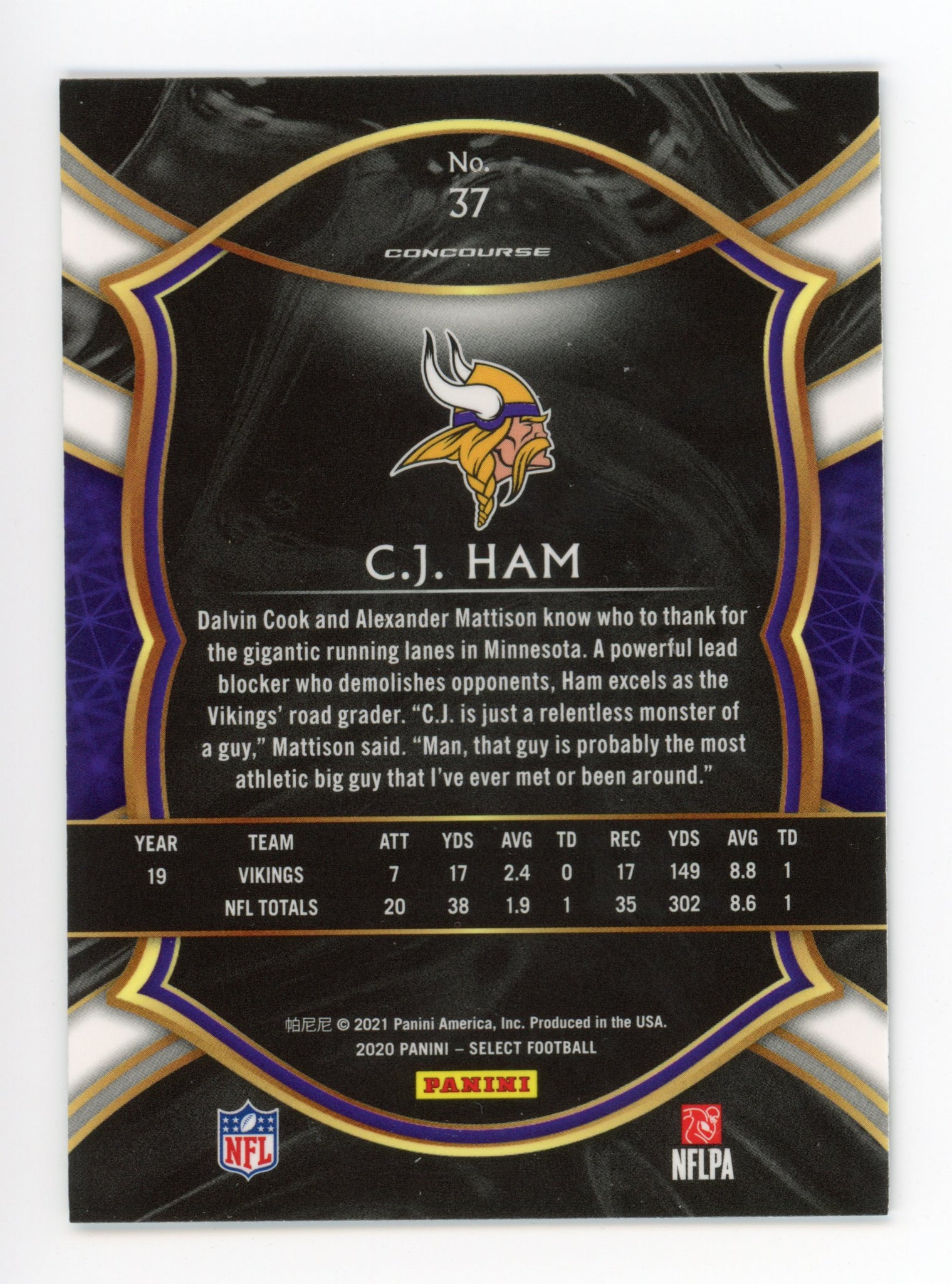 2020-2021 C.J. Ham Rookie Select Panini Minnesota Vikings # 37
