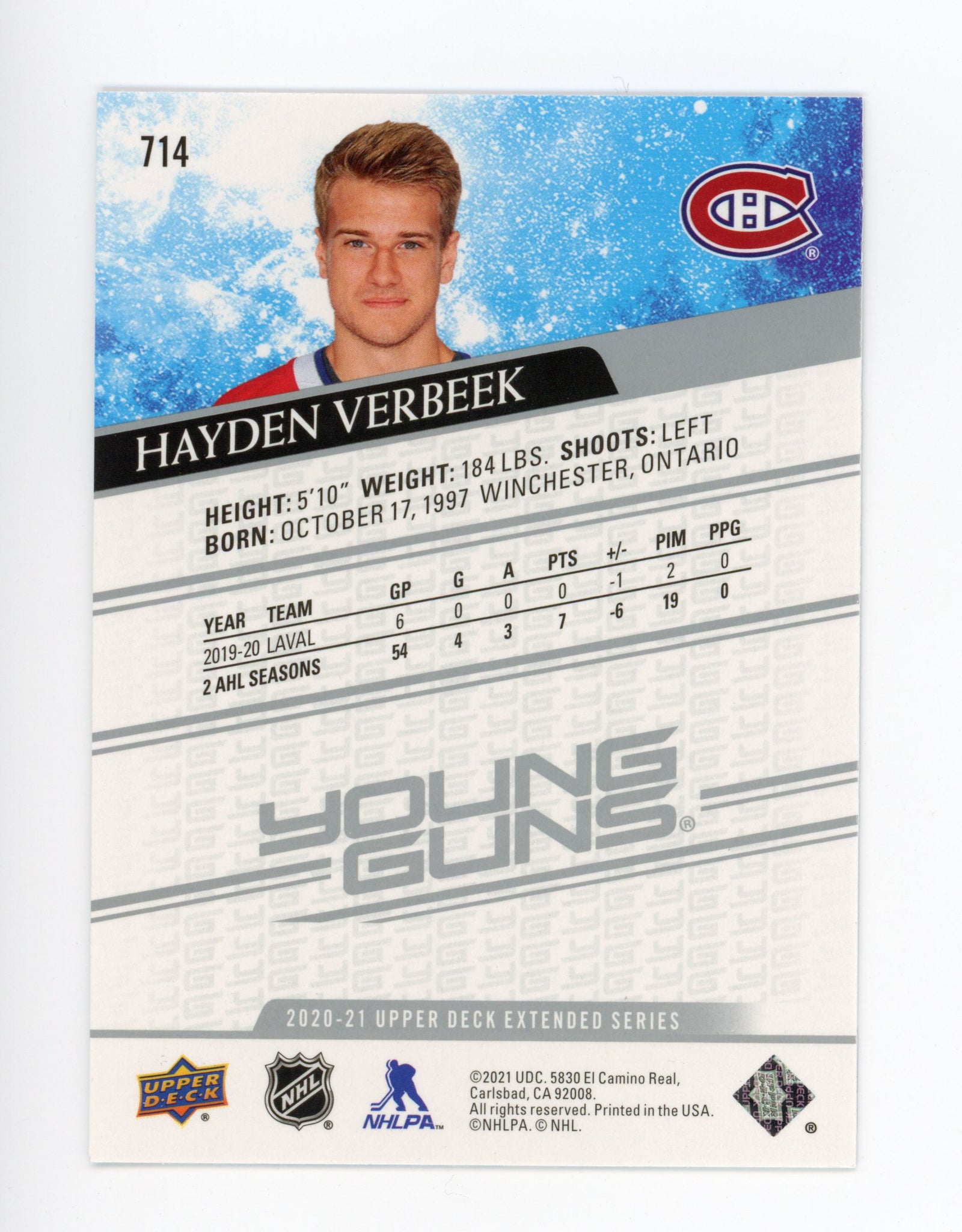 2020-2021 Hayden Verbeek Young Guns Upper Deck Montreal Canadiens # 714