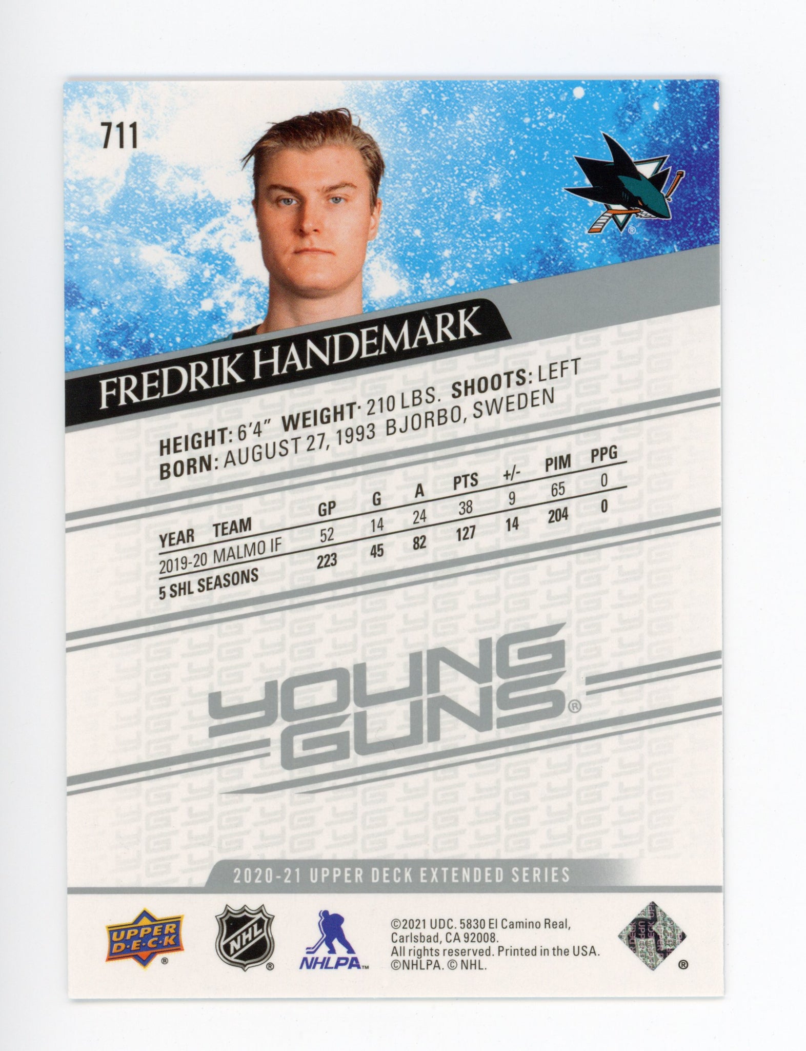 2020-2021 Fredrik Handemark Young Guns Upper Deck San Jose Sharks # 711