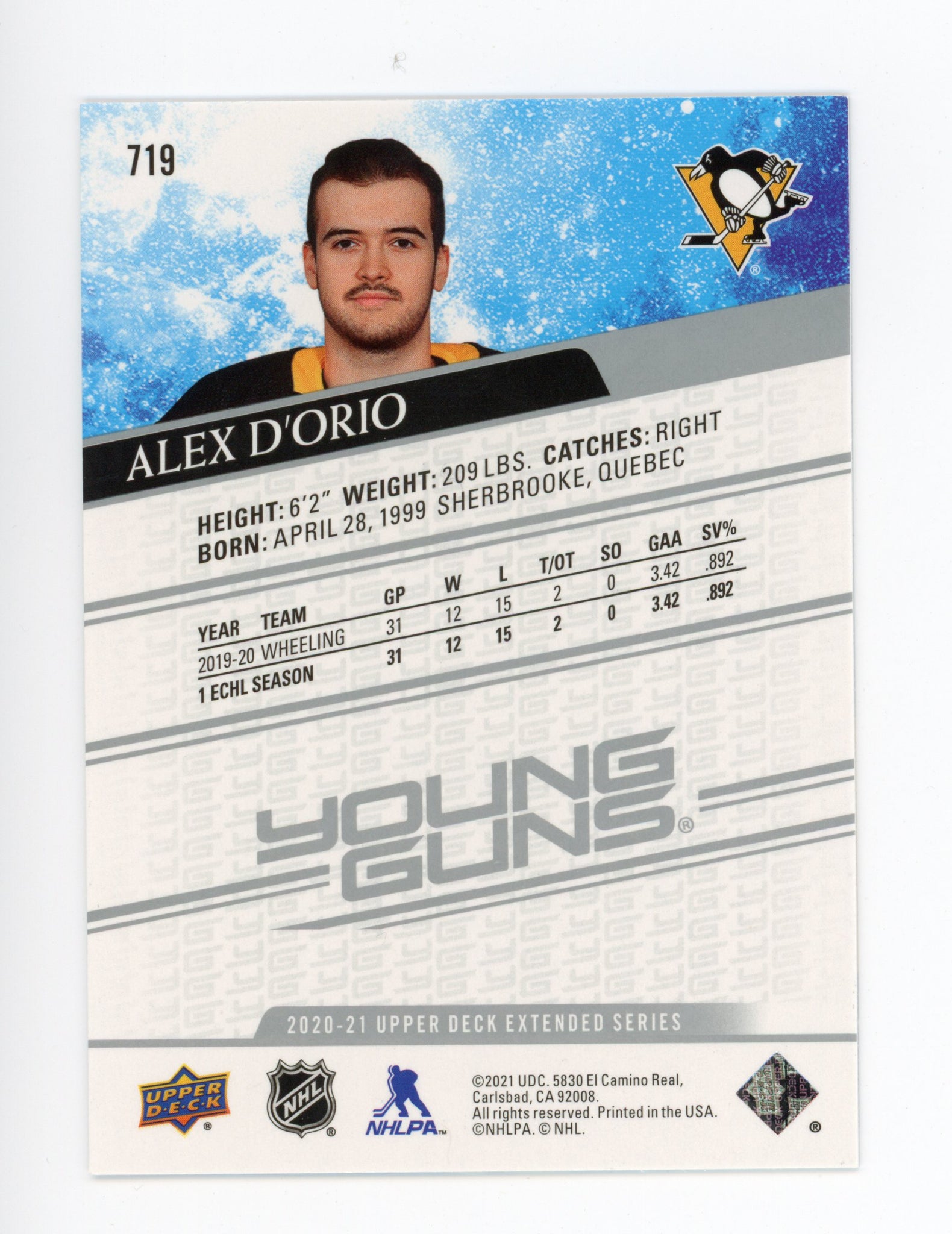 2020-2021 Alex D'orio Young Guns Upper Deck Pittsburgh Penguins # 719