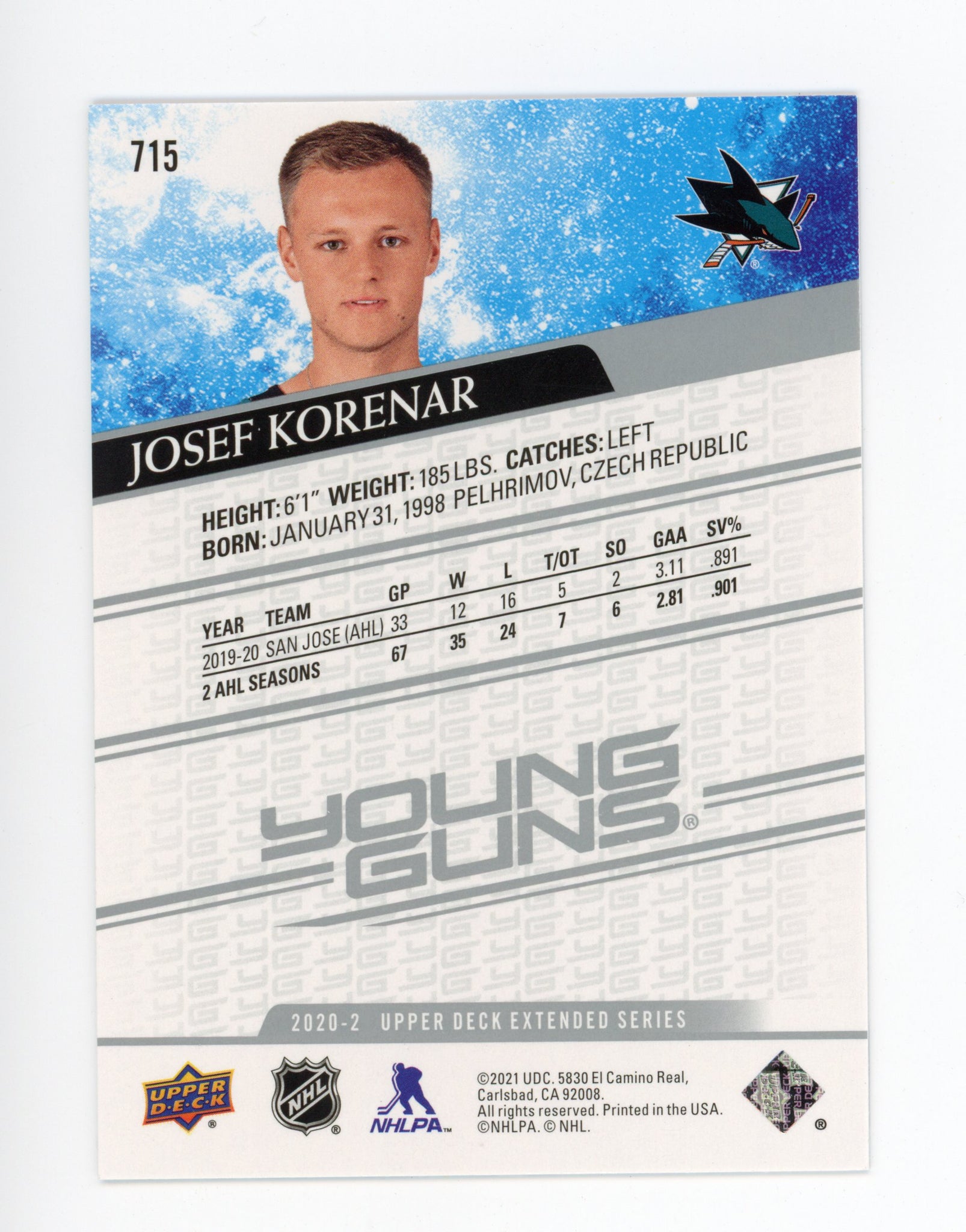 2020-2021 Josef Korenar Young Guns Upper Deck San Jose Sharks # 715