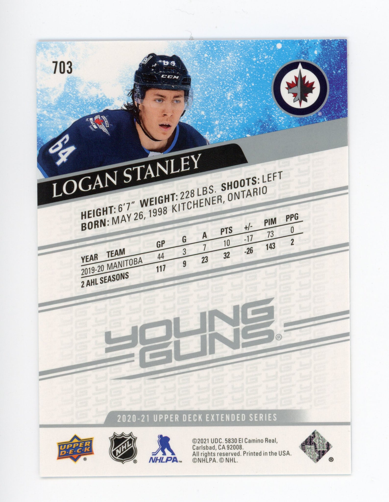 2020-2021 Logan Stanley Young Guns Upper Deck Winnipeg Jets # 703