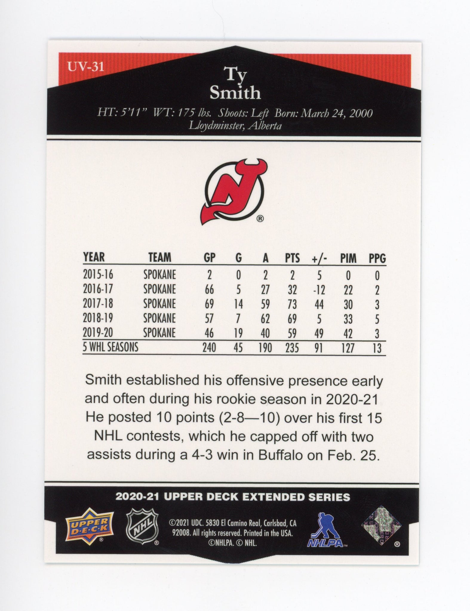 2020-2021 Ty Smith Rookie Ultimate Victory Upper Deck New Jersey Devils # UV-31