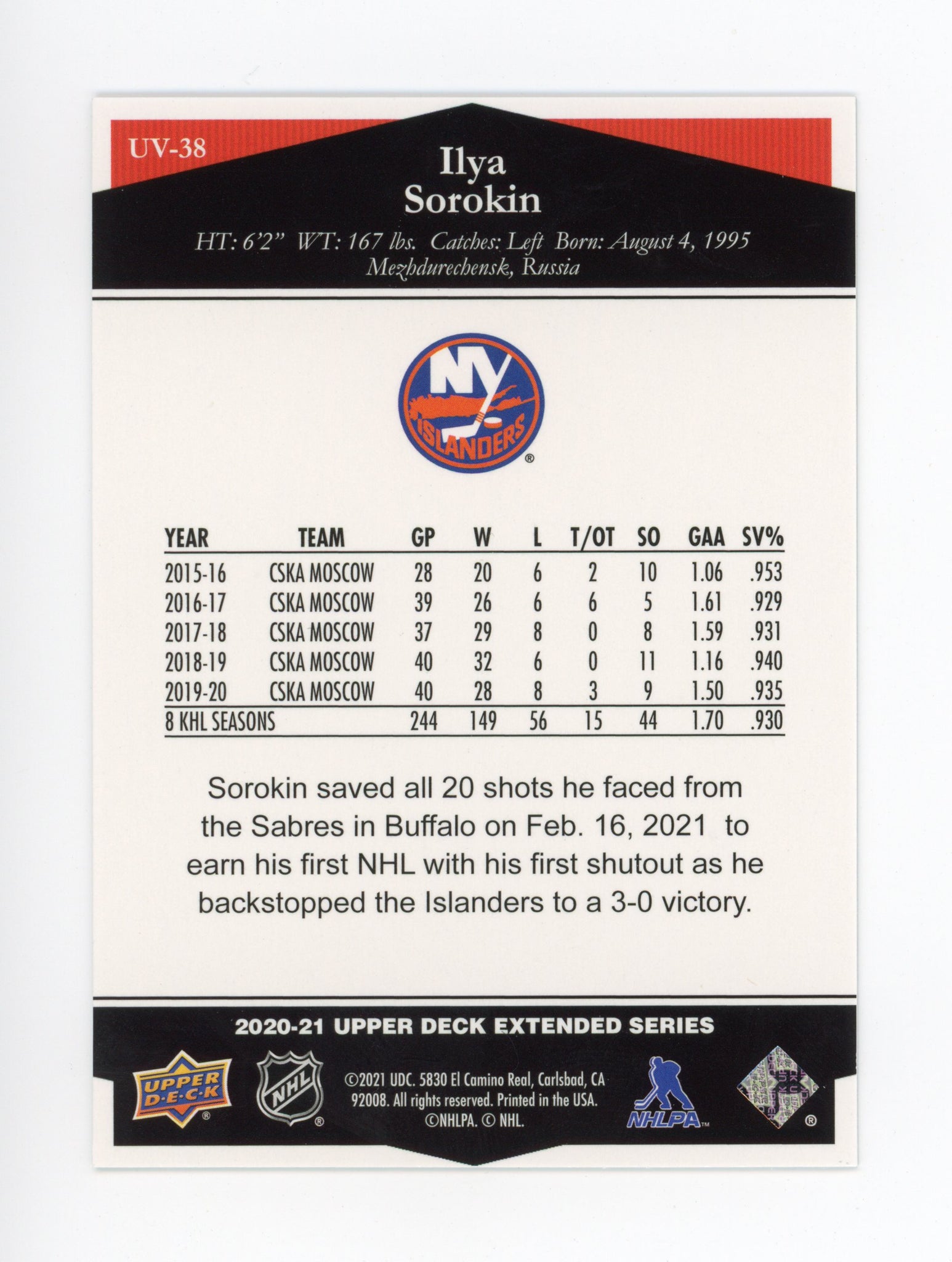 2020-2021 Ilya Sorokin Rookie Ultimate Victory New York Islanders # UV-38