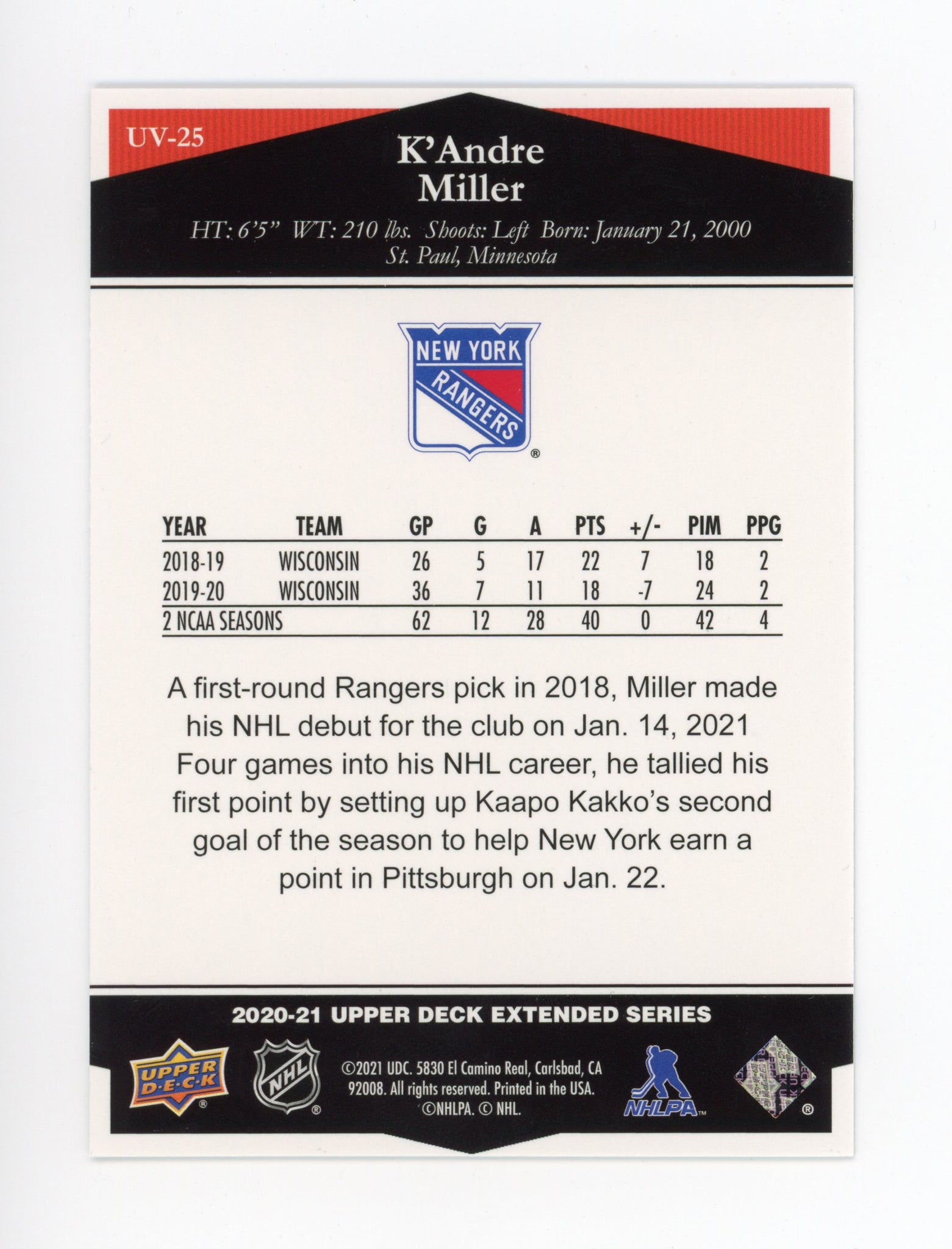 2020-2021 K'andre Miller Rookie Ultimate Victory Upper Deck New York Rangers # UV-25