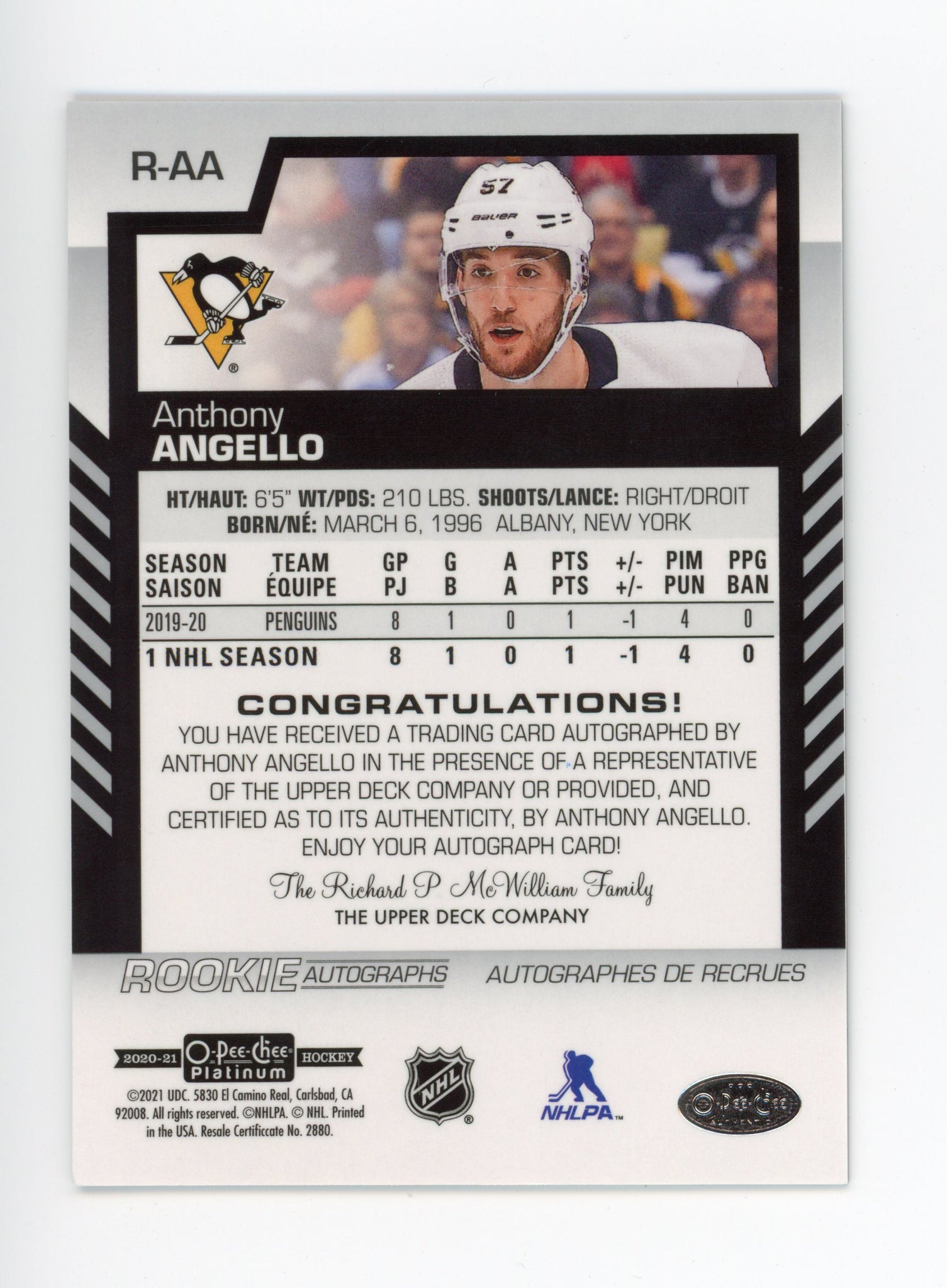 2020-2021 Anthony Angello Rookie Autographs OPC Pittsburgh Penguins # R-AA