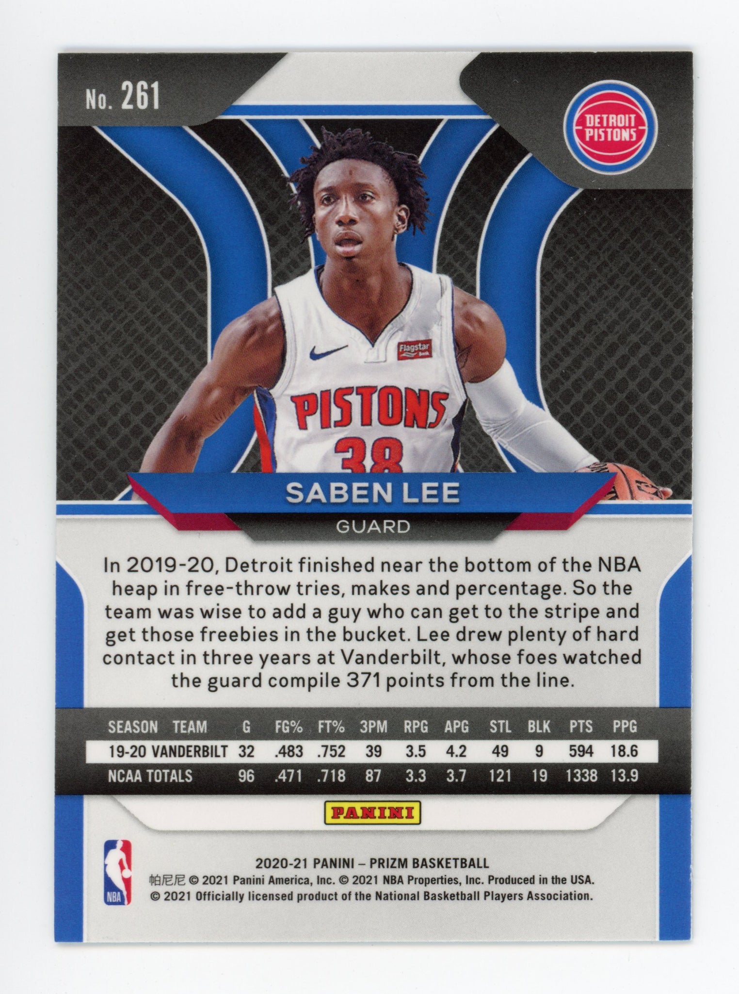 2020-2021 Saben Lee Rookie Prizm Panini Detroit Pistons # 261
