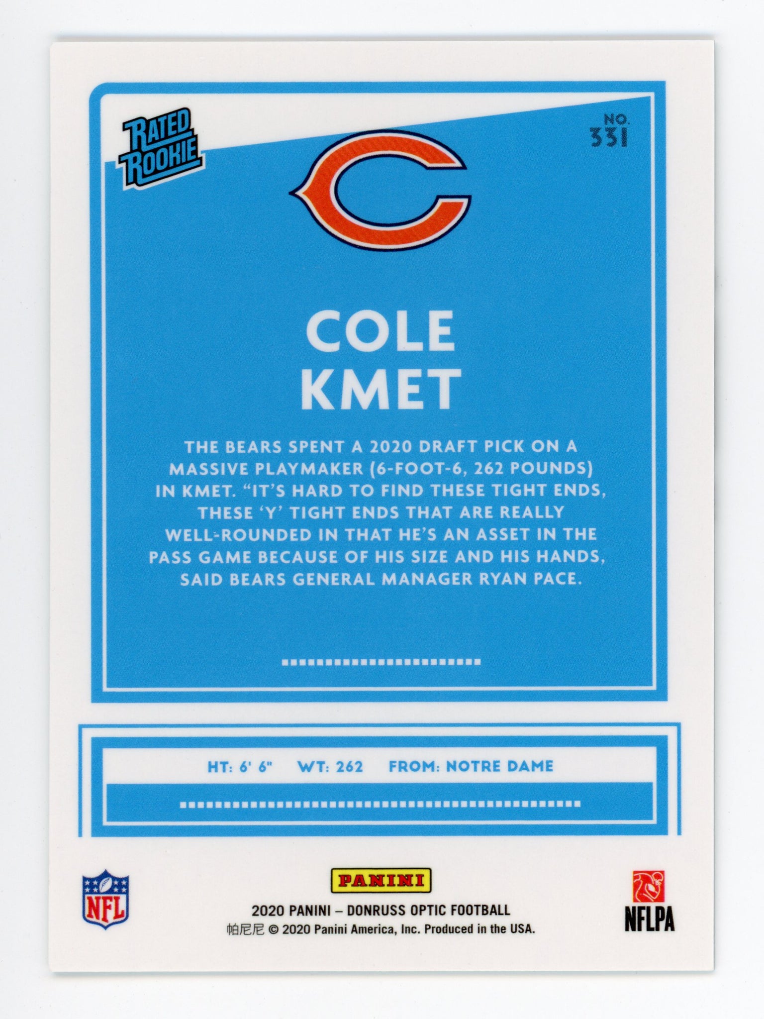 2020 Cole Kmet Negative Photo Rated Rookie Panini Chicago Bears # 331