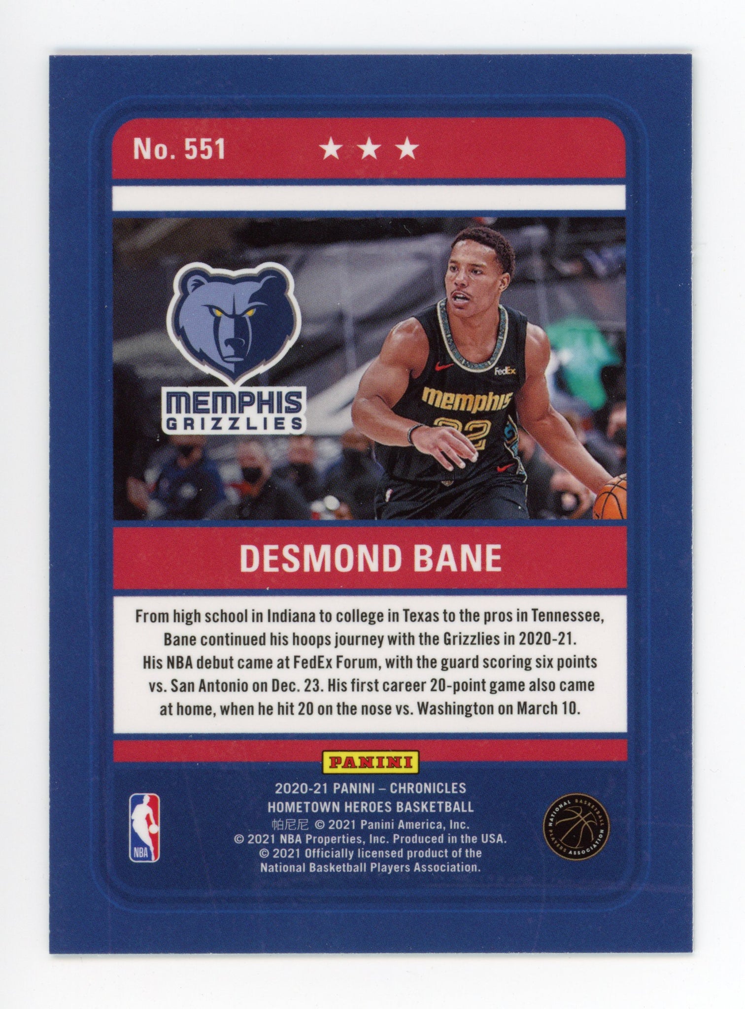 2020-2021 Desmond Bane Rookie Hometown Heroes Panini Memphis Grizzlies # 551