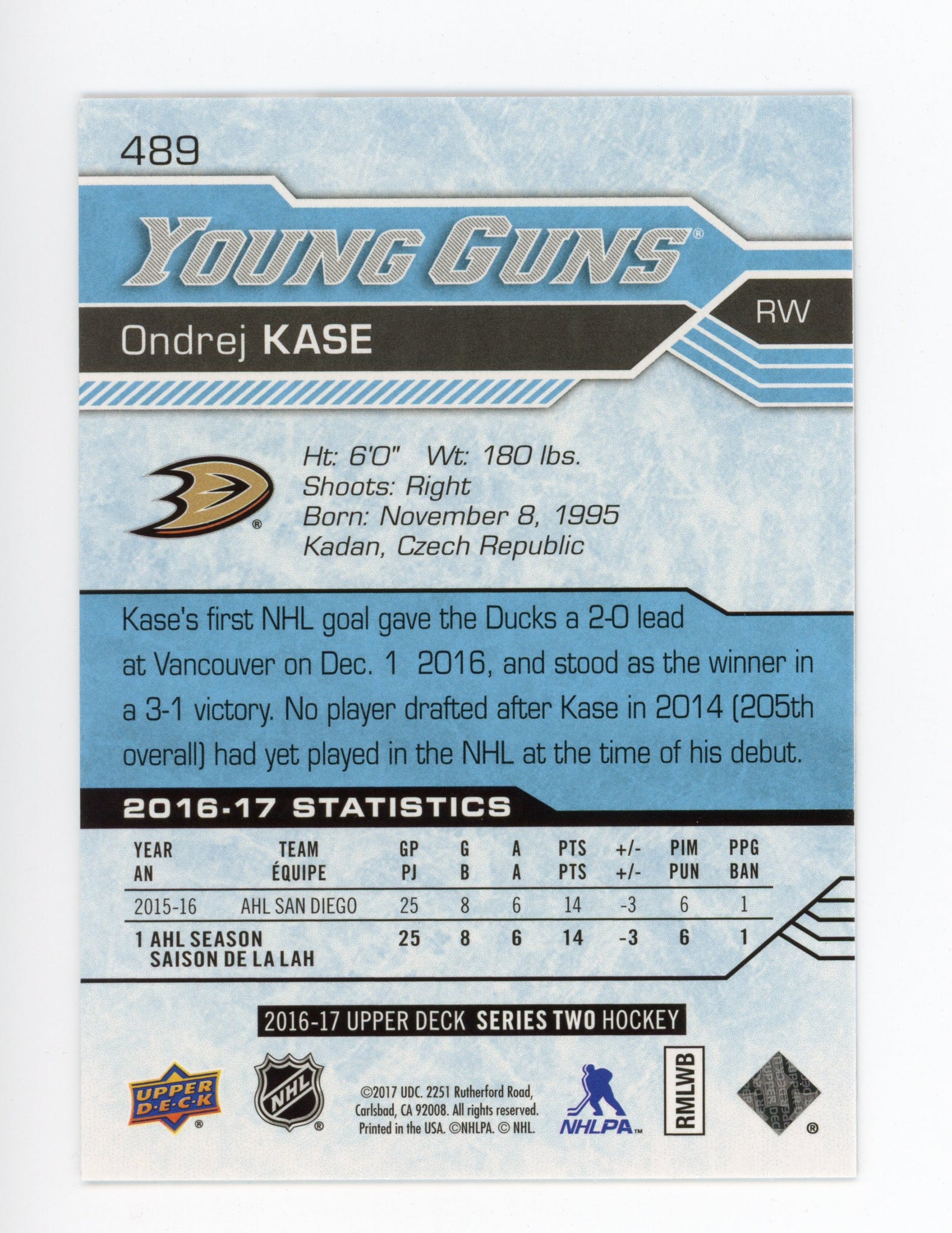 2016-2017 Ondrej Kase Young Guns Upper Deck Anaheim Ducks # 489