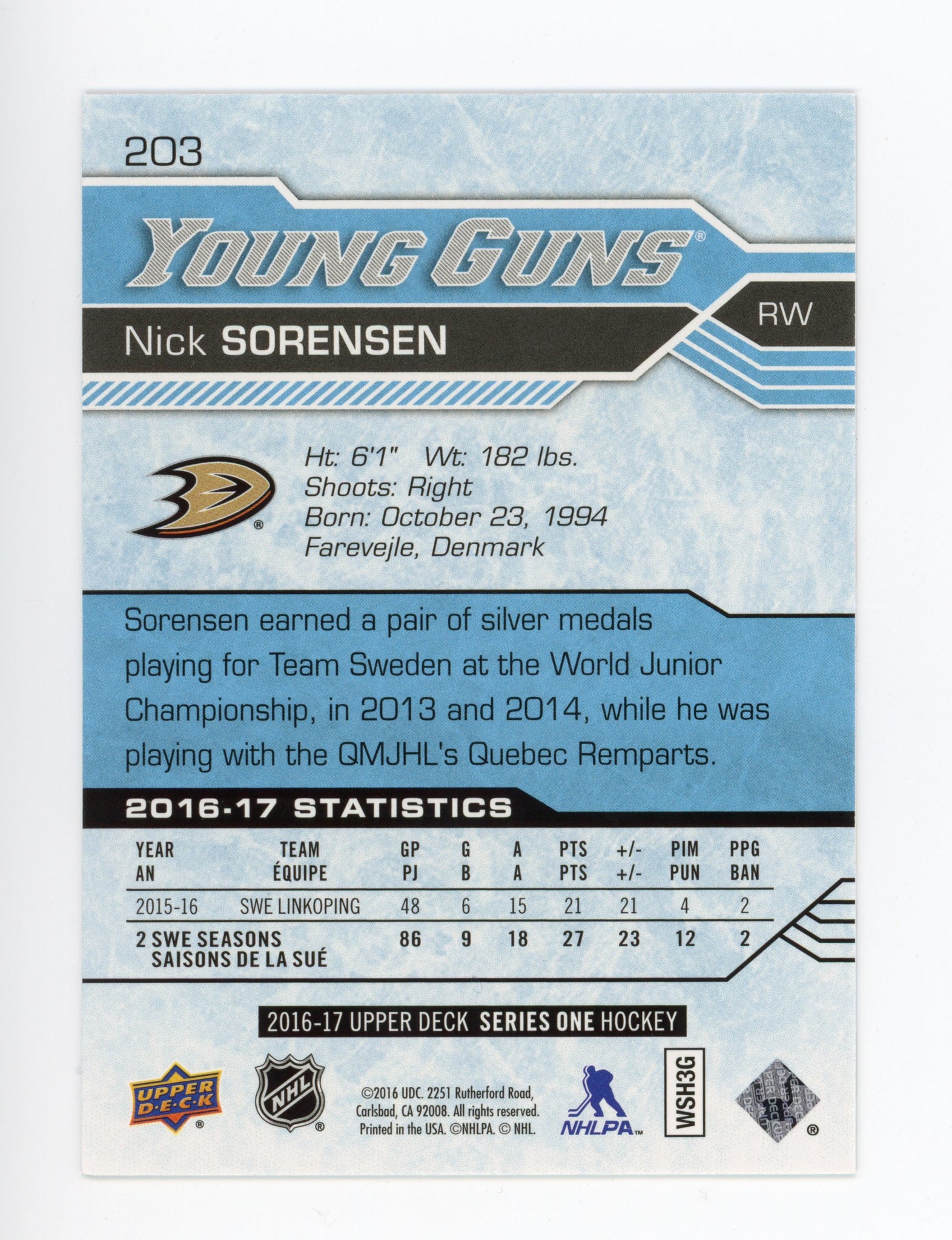 2016-2017 Nick Sorensen Young Guns Upper Deck Anaheim Ducks # 203