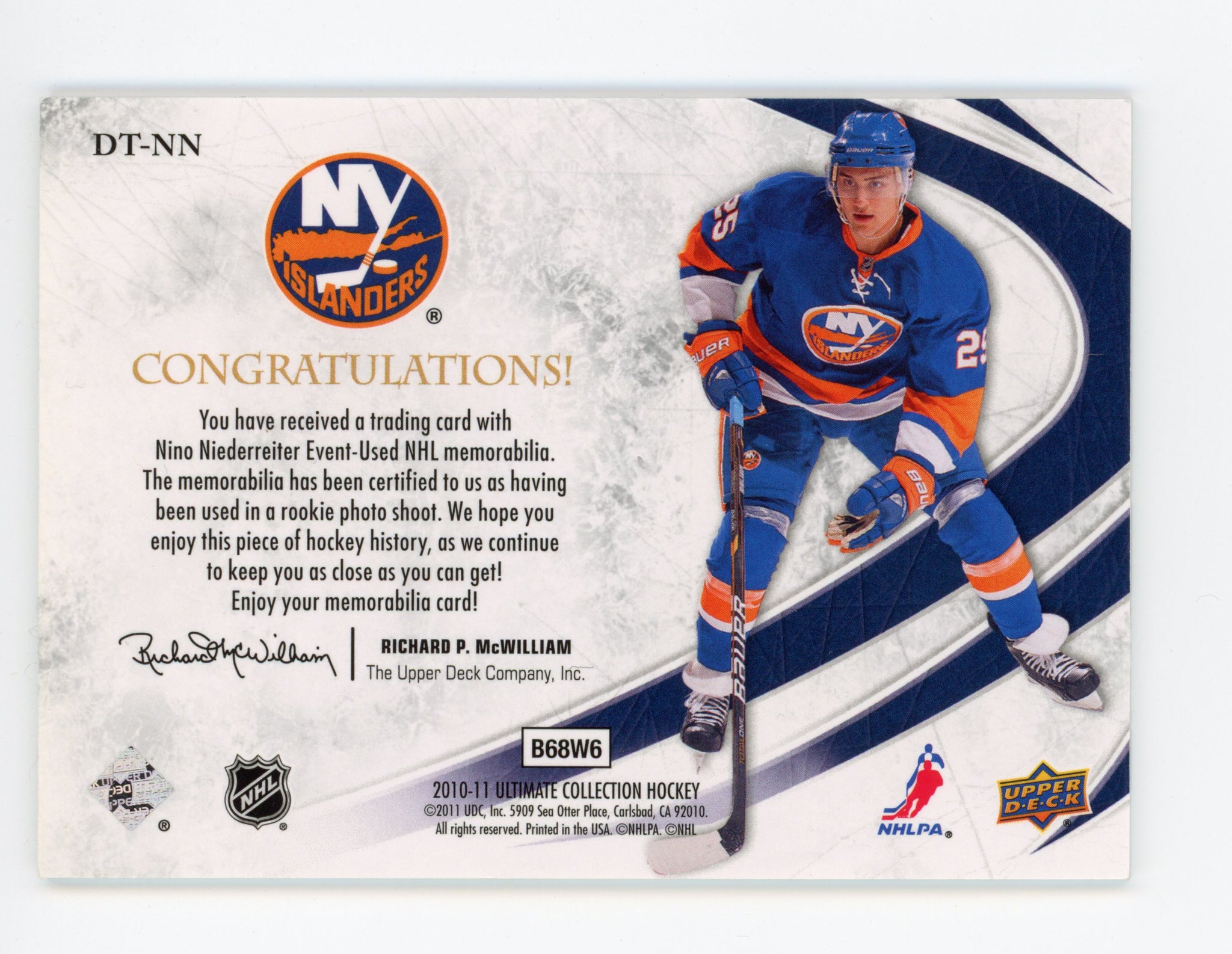 2010-2011 Nino Niederreiter Debut Threads Jersey #d /200 Upper Deck New York Islanders # DT-NN