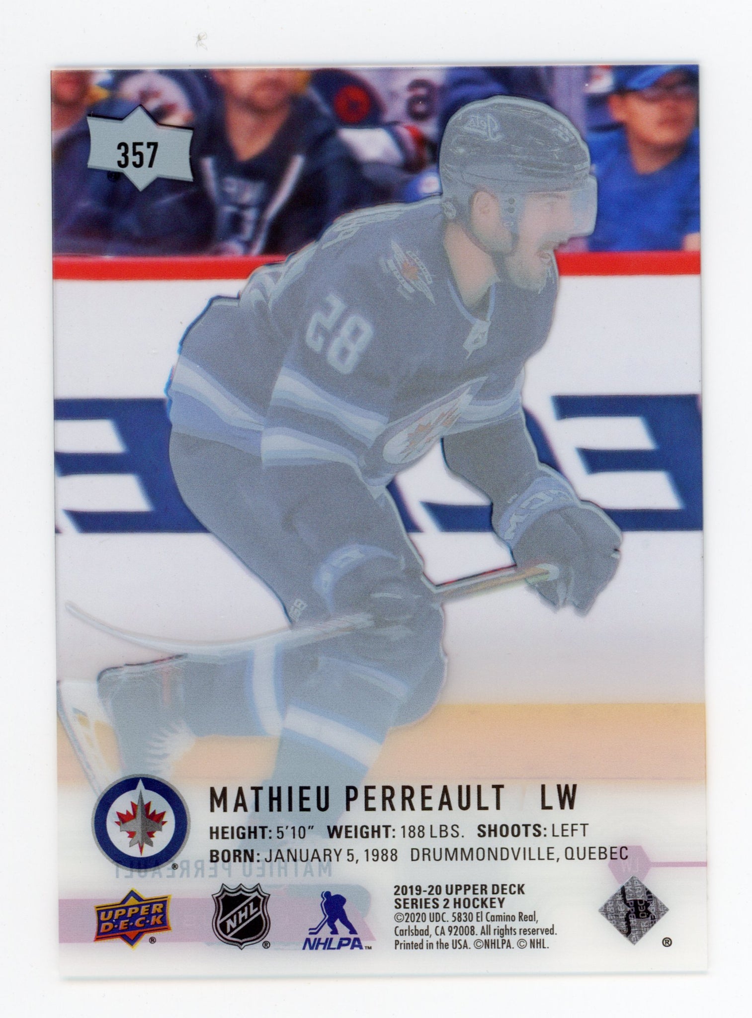 2019-2020 Mathieu Perreault UD Exclusives Clear Cut Upper Deck Winnipeg Jets # 357