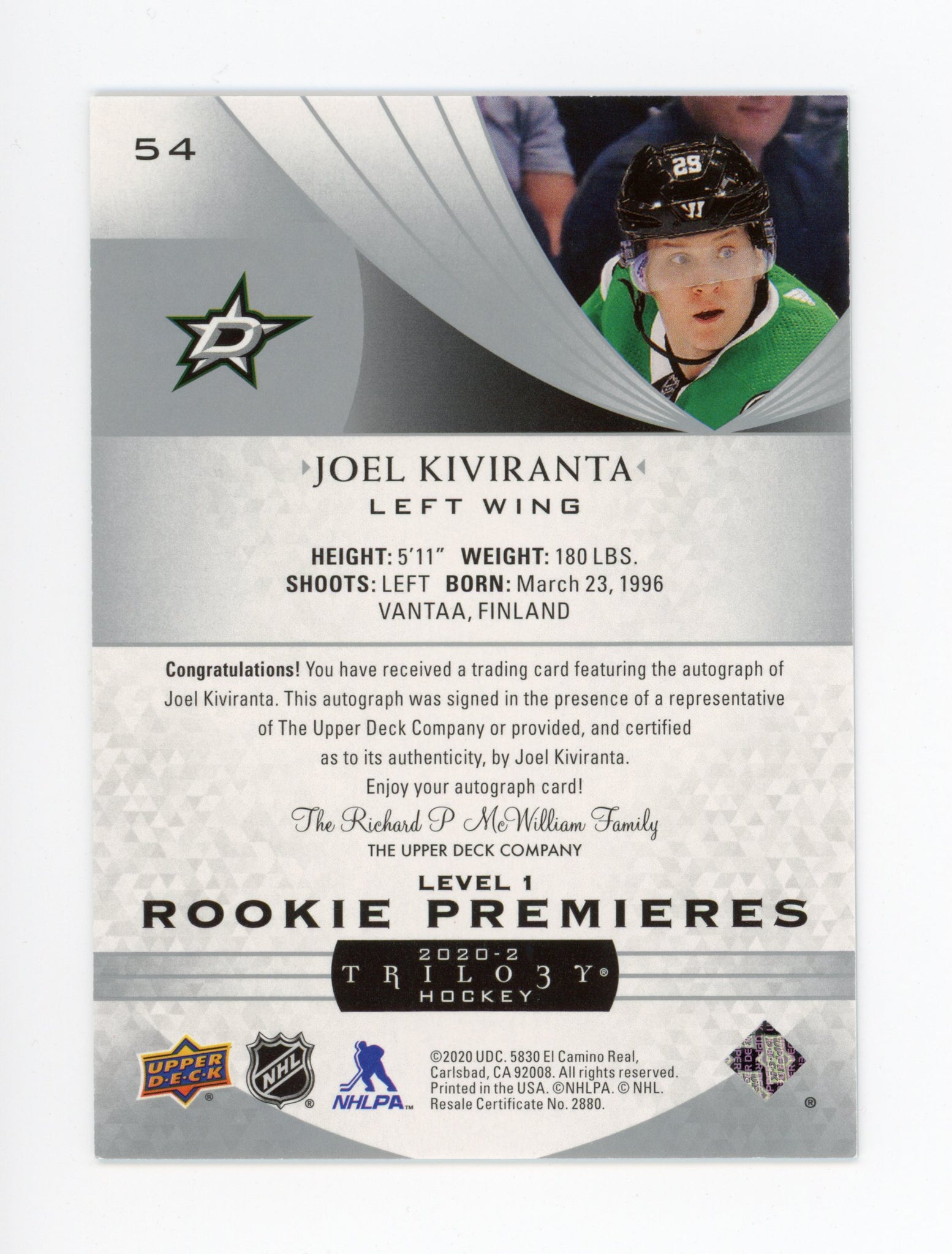 2020-2021 Joel Kiviranta Rookie Premiers #d /399 Trilogy Dallas Stars # 54