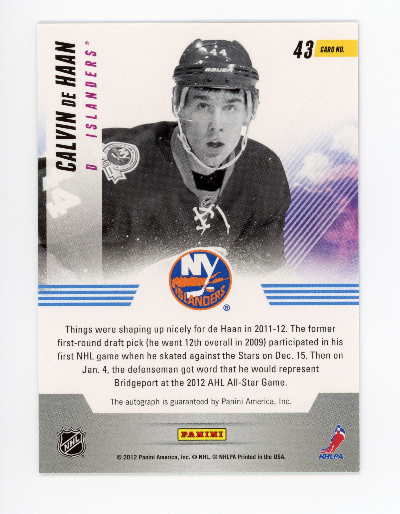 2011-2012 Calvin De Haan New Wave Autographed Panini New York Islanders # 43