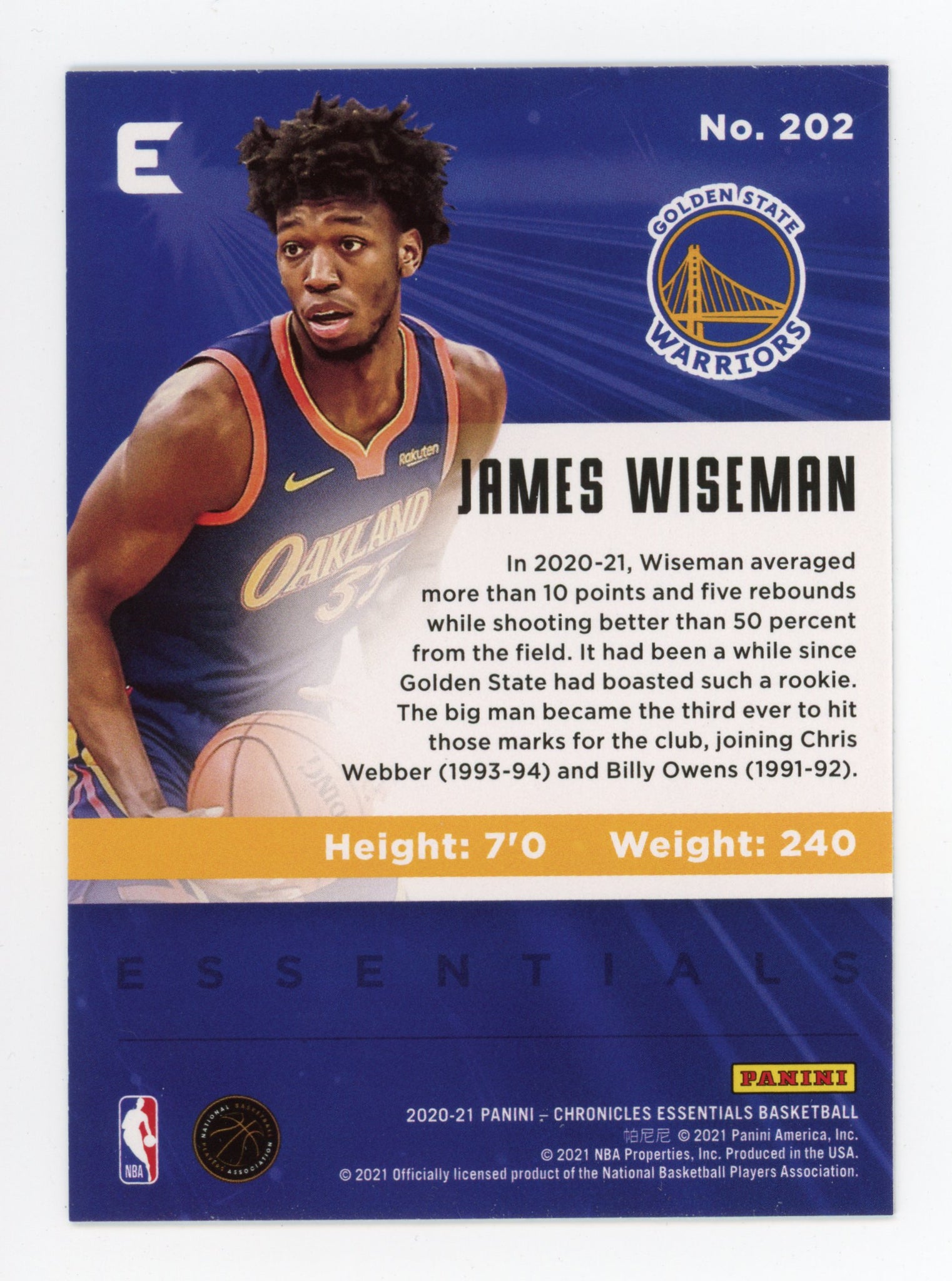 2020-2021 James Wiseman Essentials Rookie Panini Golden State Warriors # 202