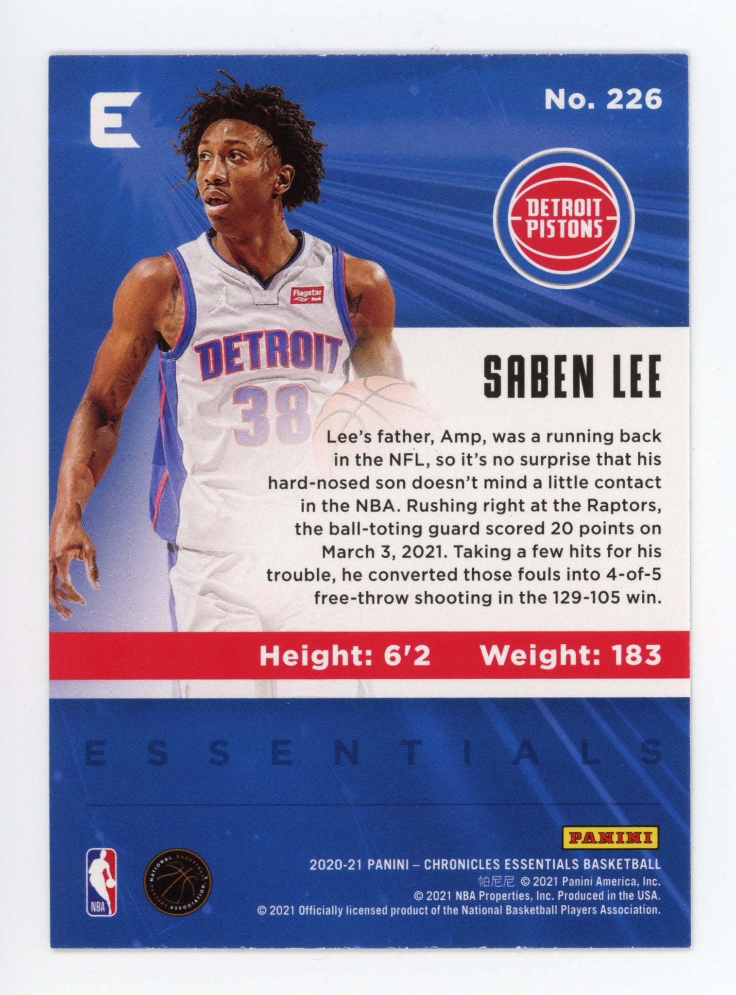 2020-2021 Saben Lee Rookie Essentials Panini Detroit Pistons # 226