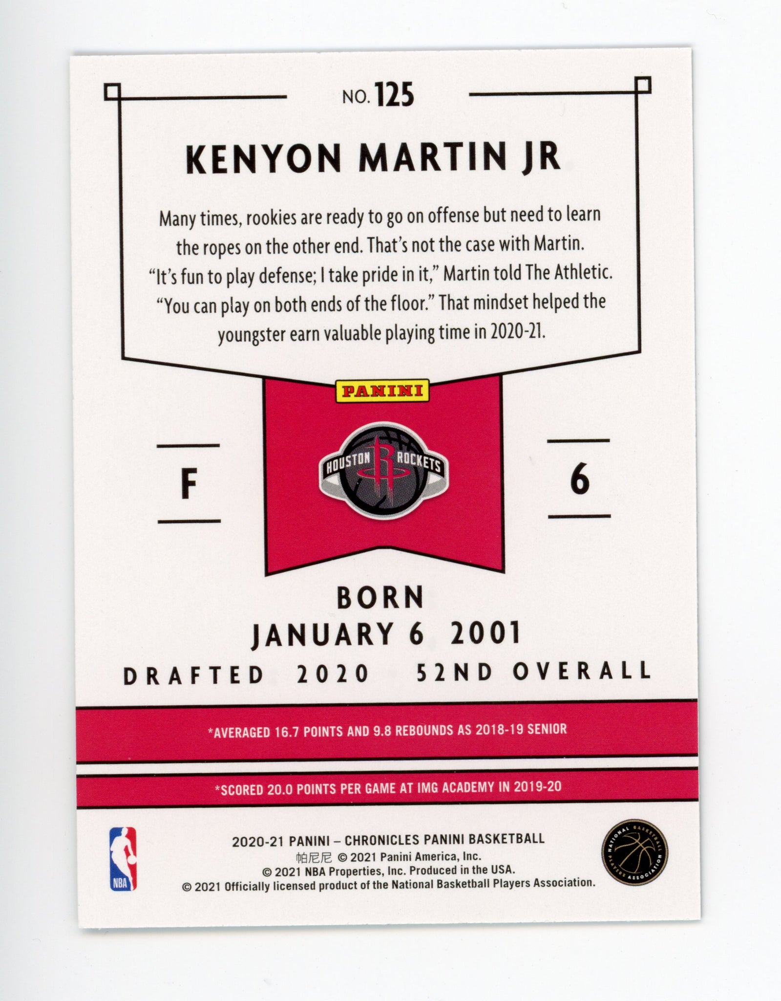 2020-2021 Kenyon Martin JR Rookie Chronicles Panini Houston Rockets #125