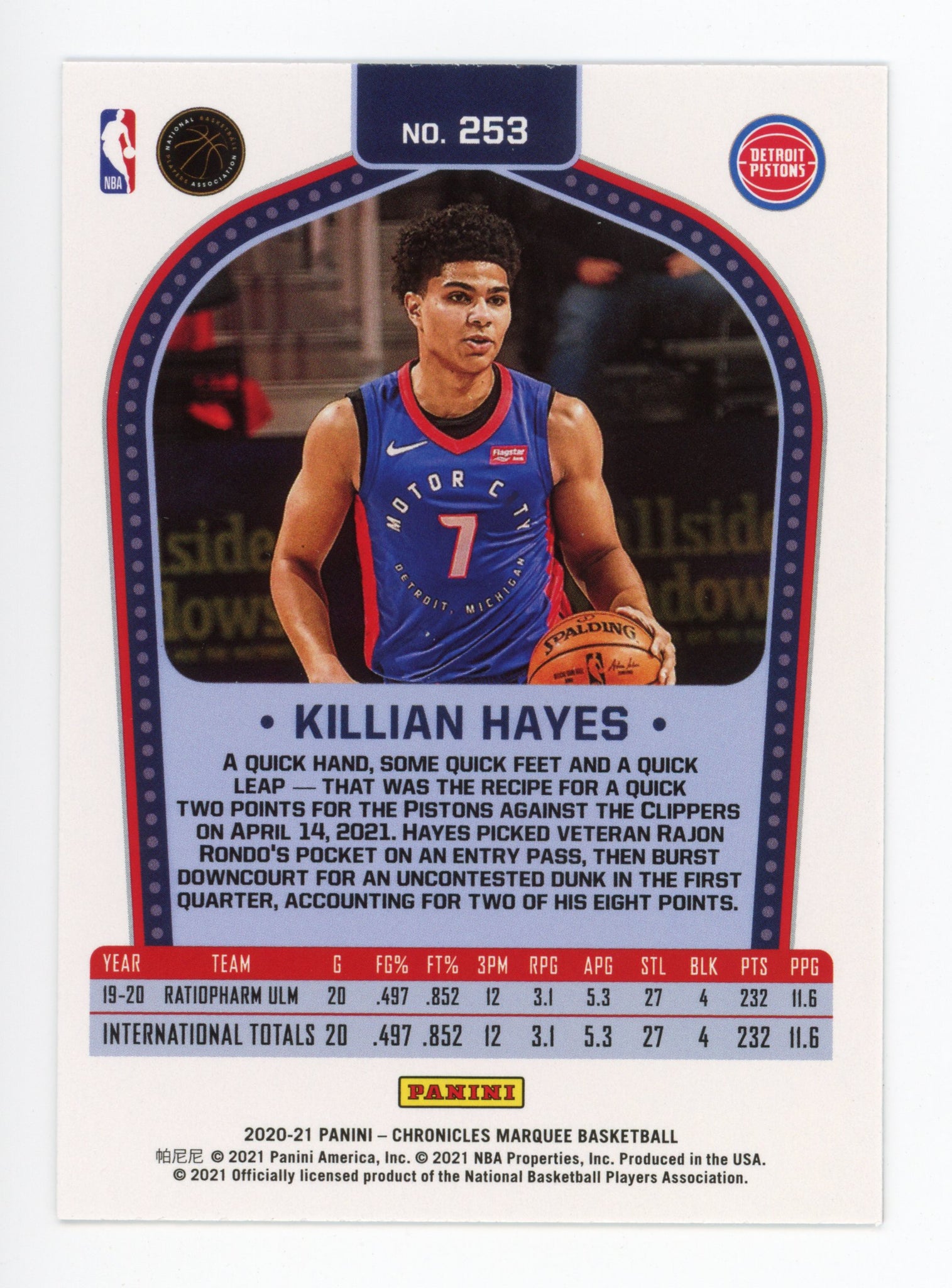 2020-2021 Killian Hayes Marquee Rookie Panini Detroit Pistons # 253