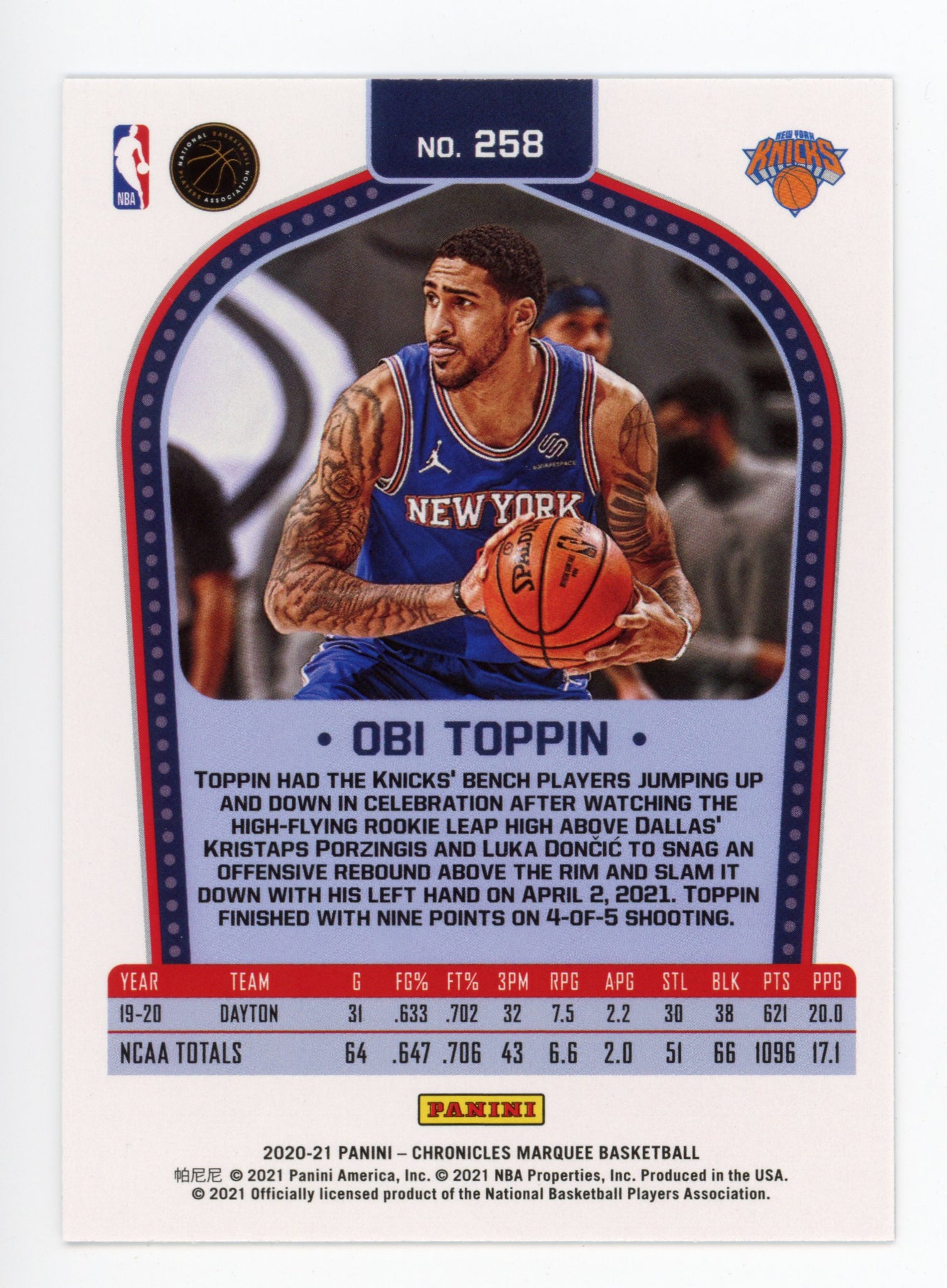 2020-2021 Obi Toppin Marquee Rookie Panini New York Knicks # 258