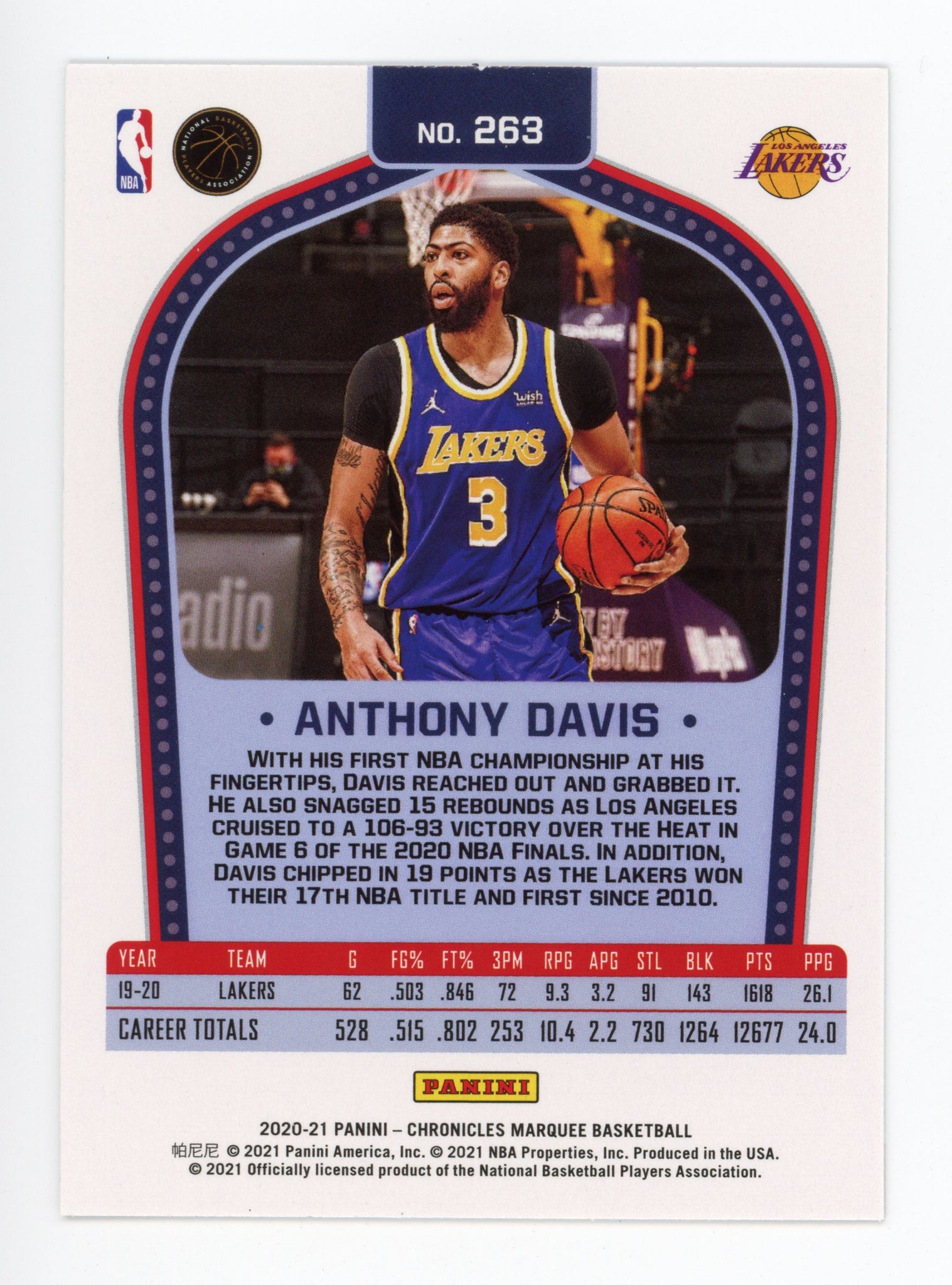 2020-2021 Anthony Davis Marquee Rookie Panini Los Angeles Lakers # 263