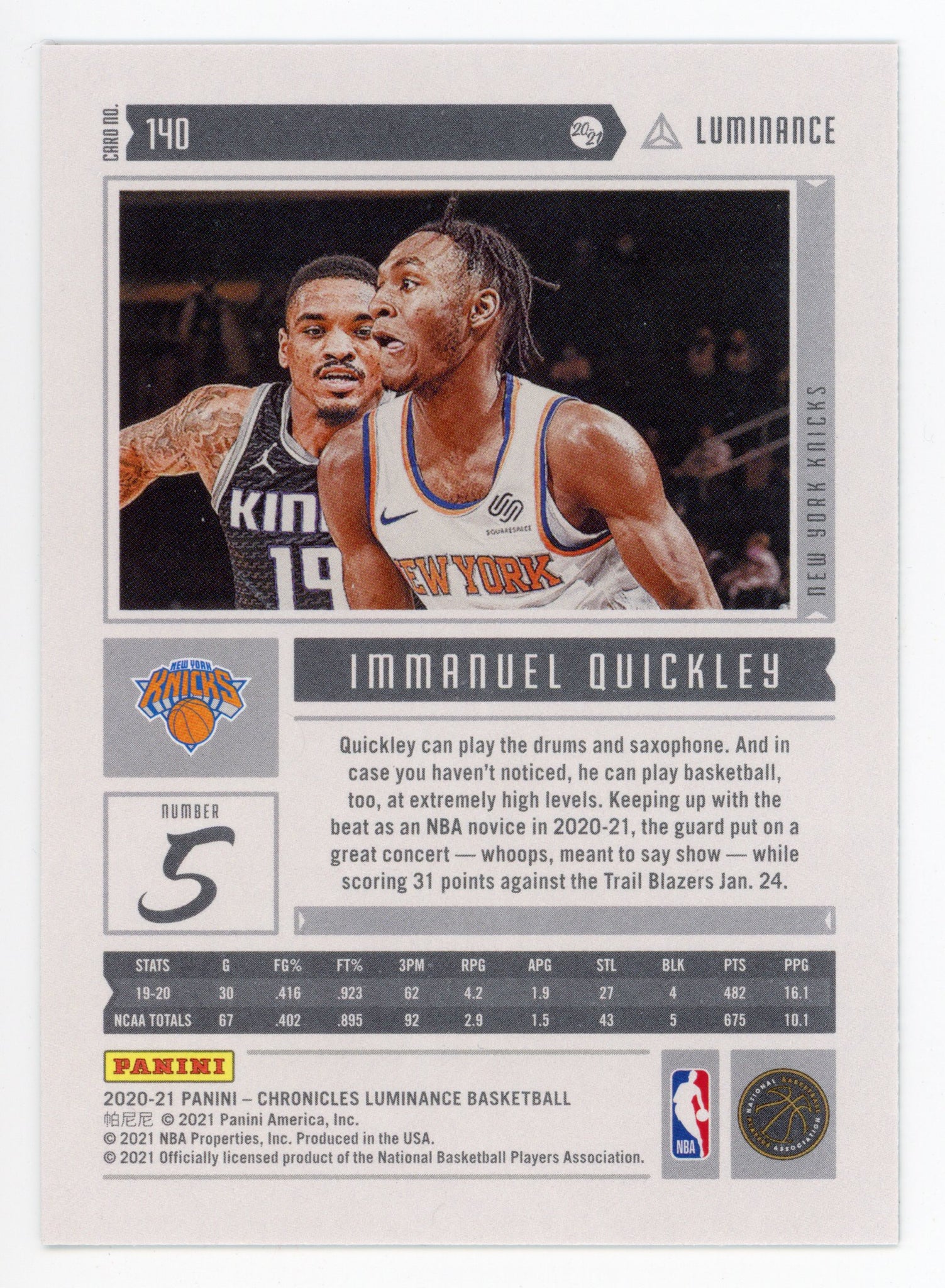 2020-2021 Immanuel Quickley Rookie Luminance Panini New York Knicks # 140