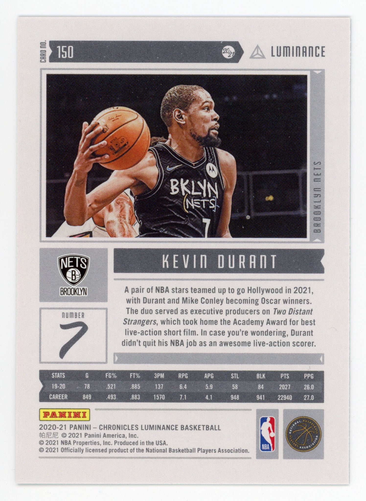 2020-2021 Kevin Durant Luminance Panini Brooklyn Nets # 150