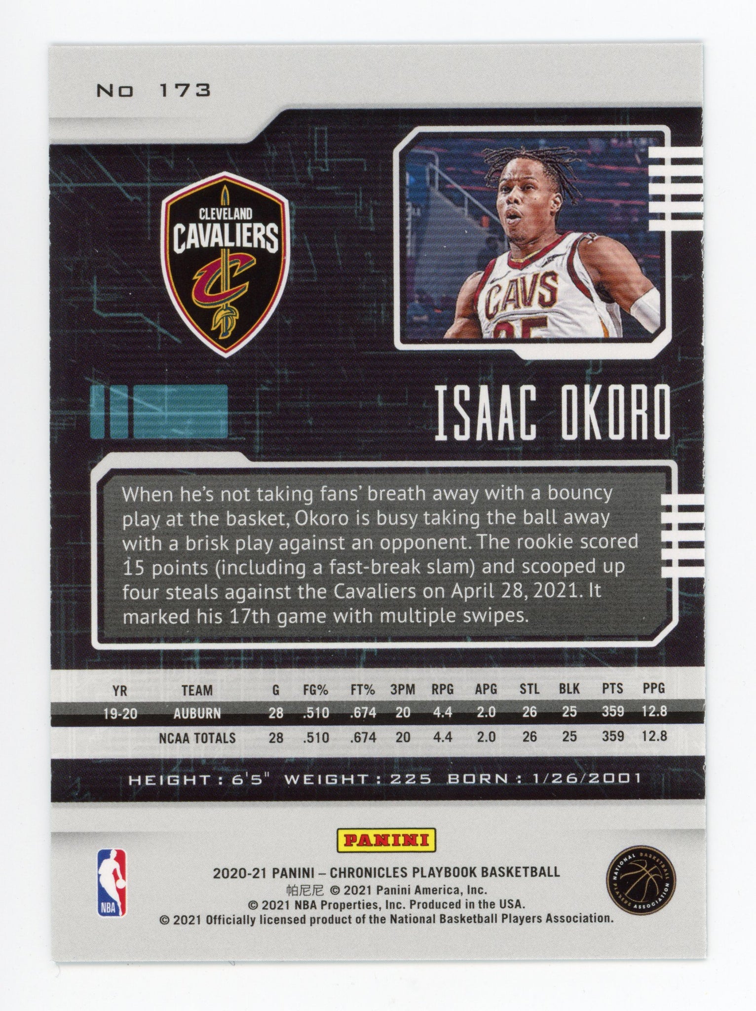 2020-2021 Isaac Okoro Rookie Pink Playbook Panini Cleveland Cavaliers # 173