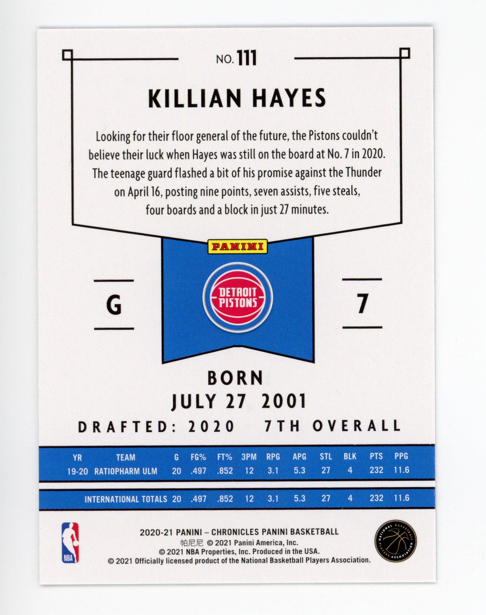 2020-2021 Killian Hayes Rookie Chronicles Panini Detroit Pistons # 111
