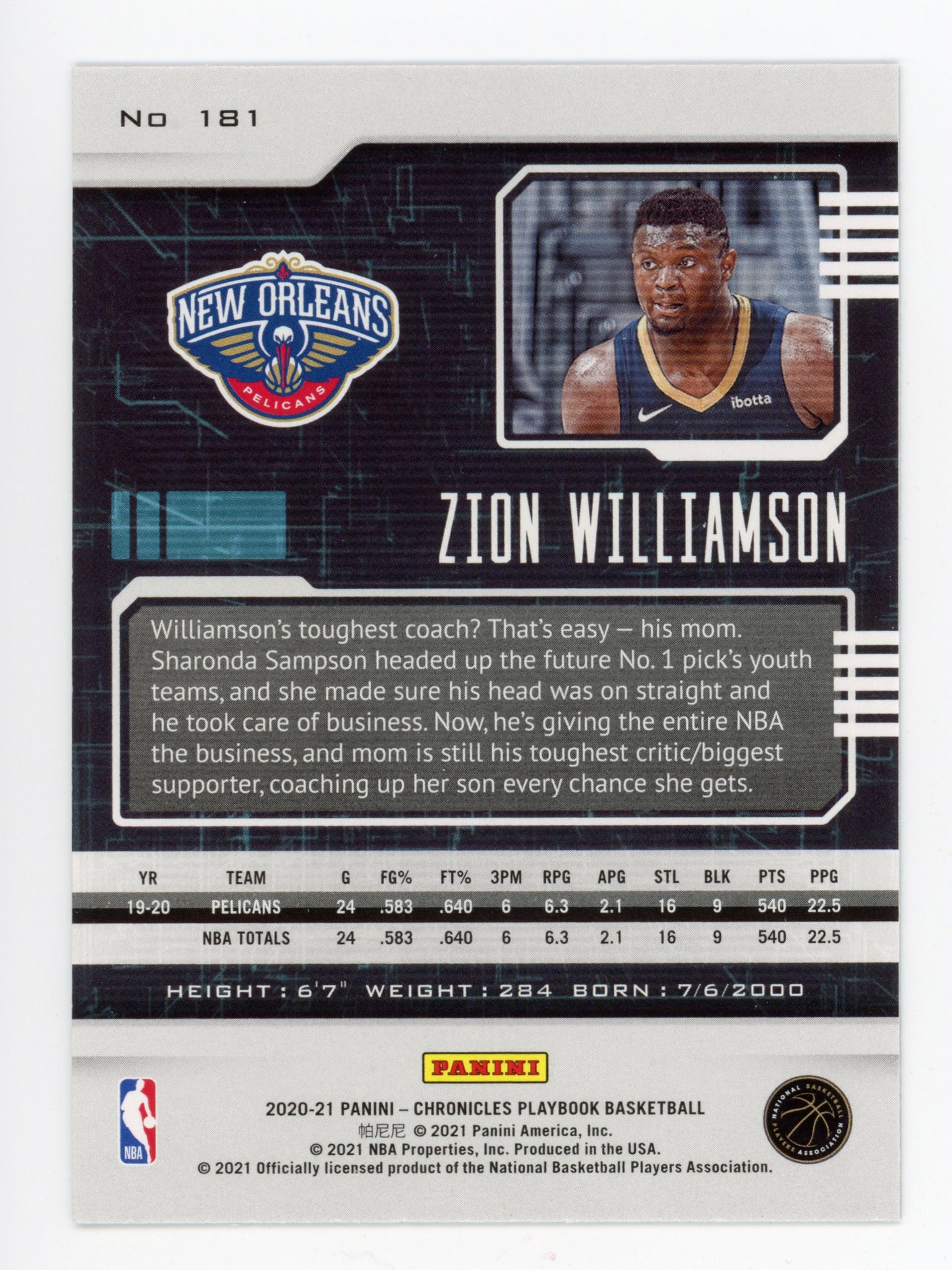 2020-2021 Zion Williamson Playbook Panini New Orleans Pelicans # 181