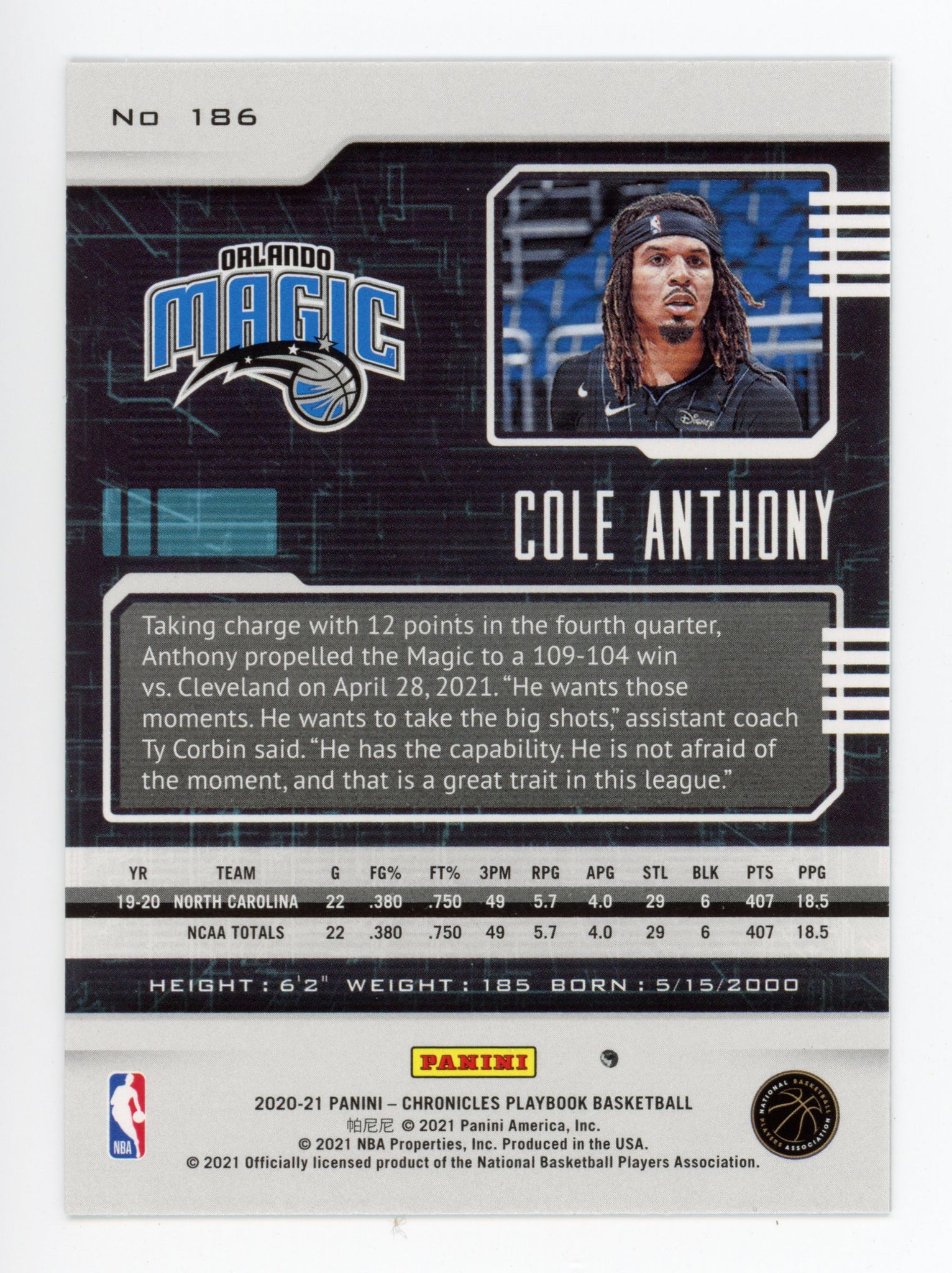 2020-2021 Cole Anthony Rookie Playbook Panini Orlando Magic # 186