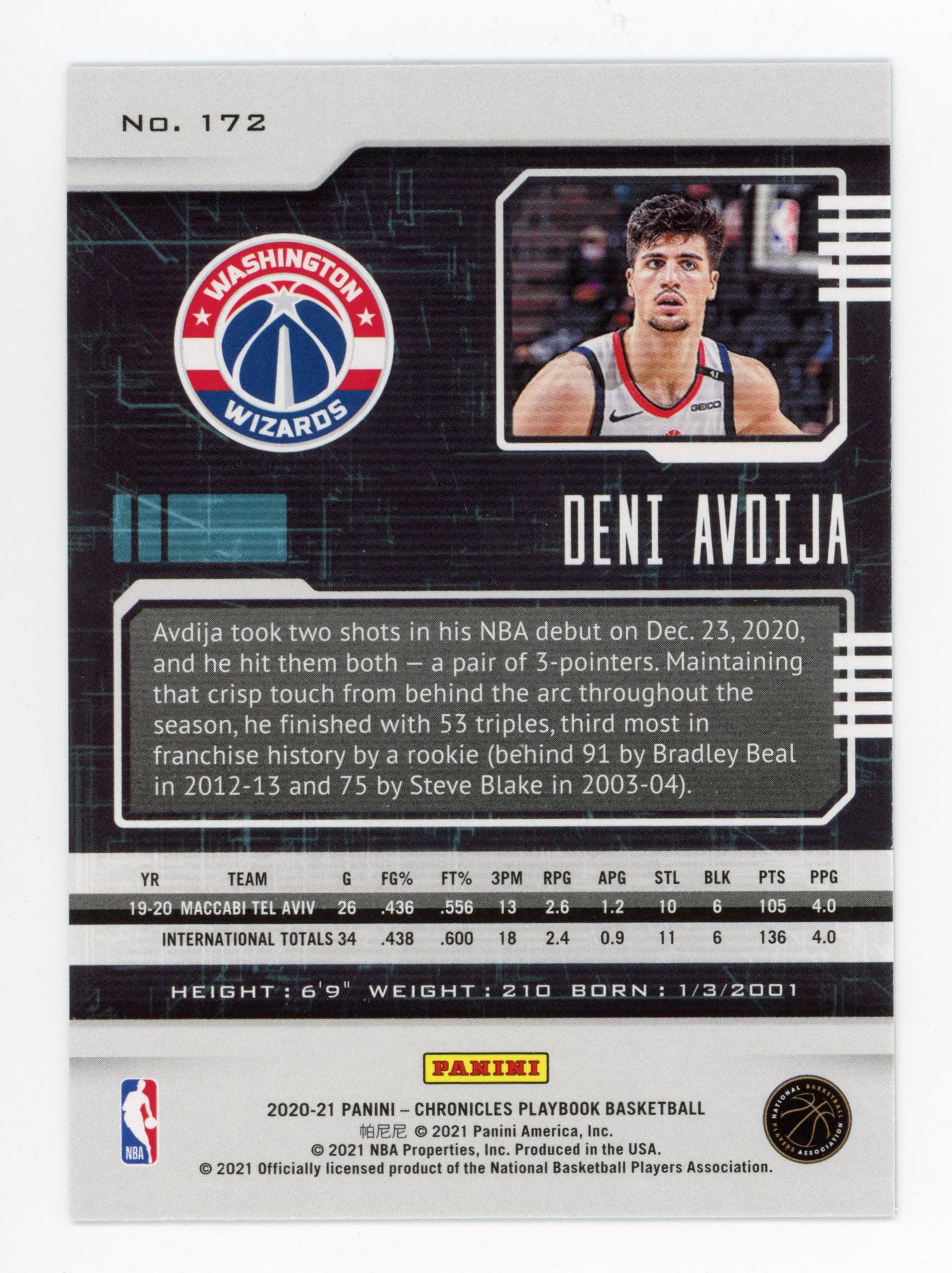 2020-2021 Deni Avdija Rookie Playbook Panini Washington Wizards # 172