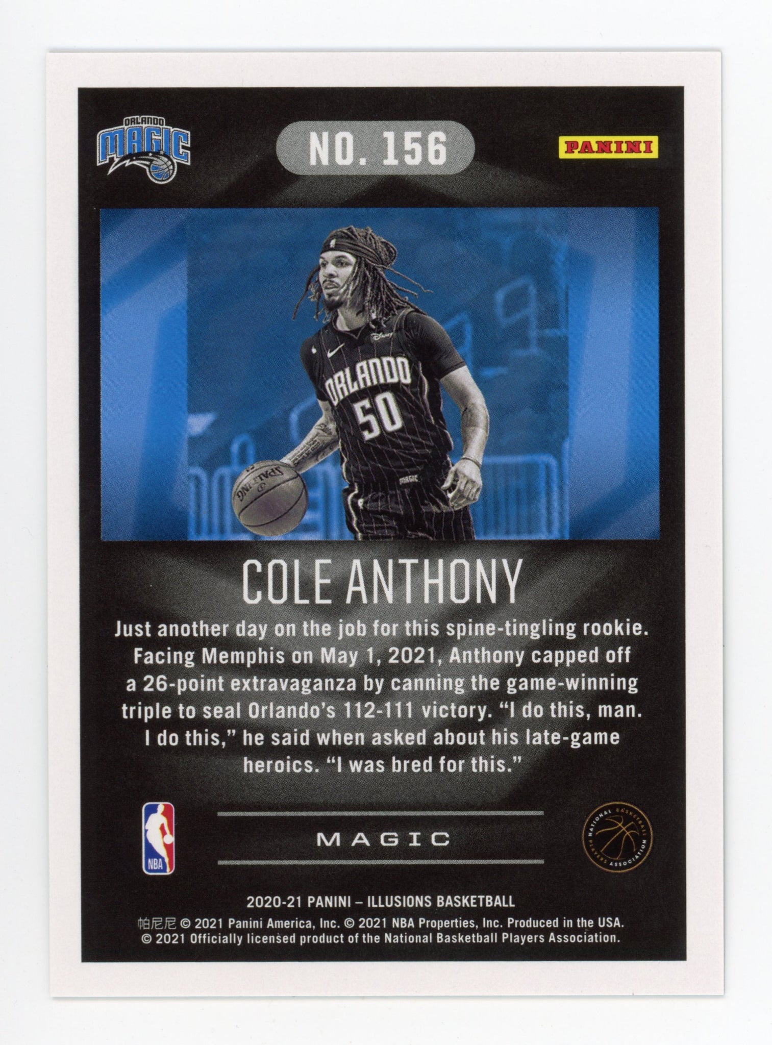 2020-2021 Cole Anthony Rookie #d /149 Illusions Panini Orlando Magic # 156