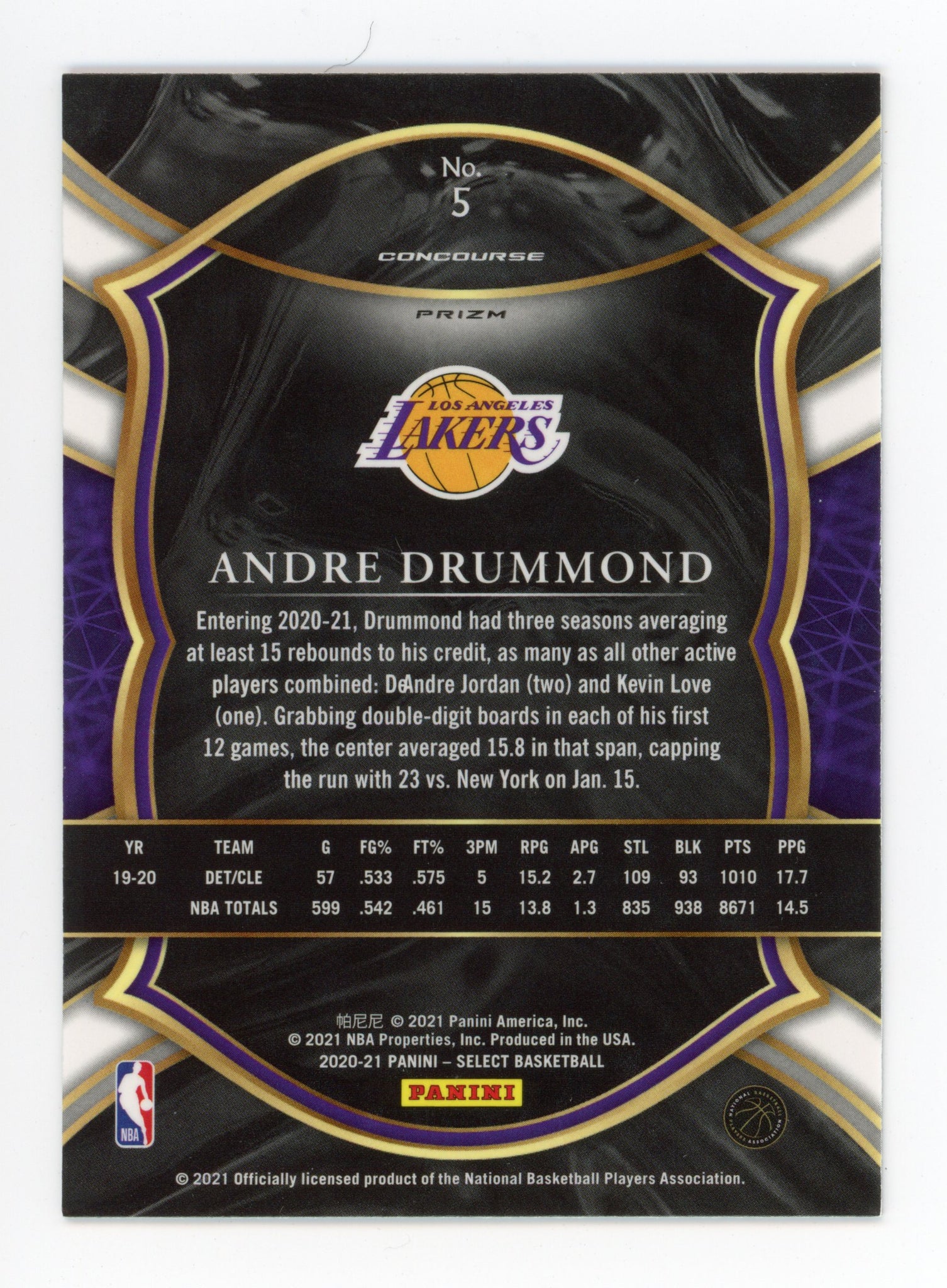 2020-2021 Andre Drummond Concourse Prizm Los Angeles Lakers # 5