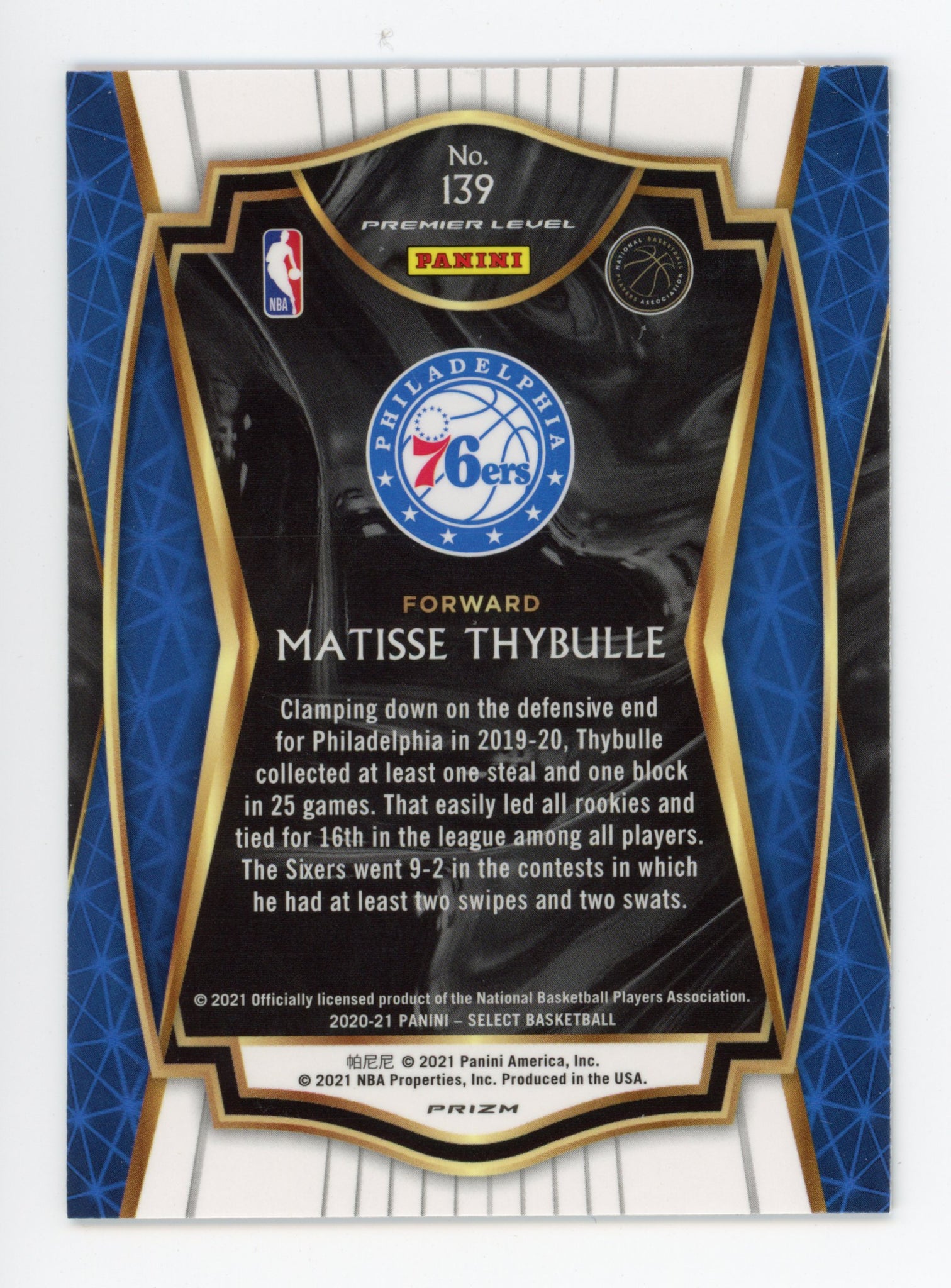 2020-2021 Matisse Thybulle Premier Level Prizm Philadelphia 76ers # 139