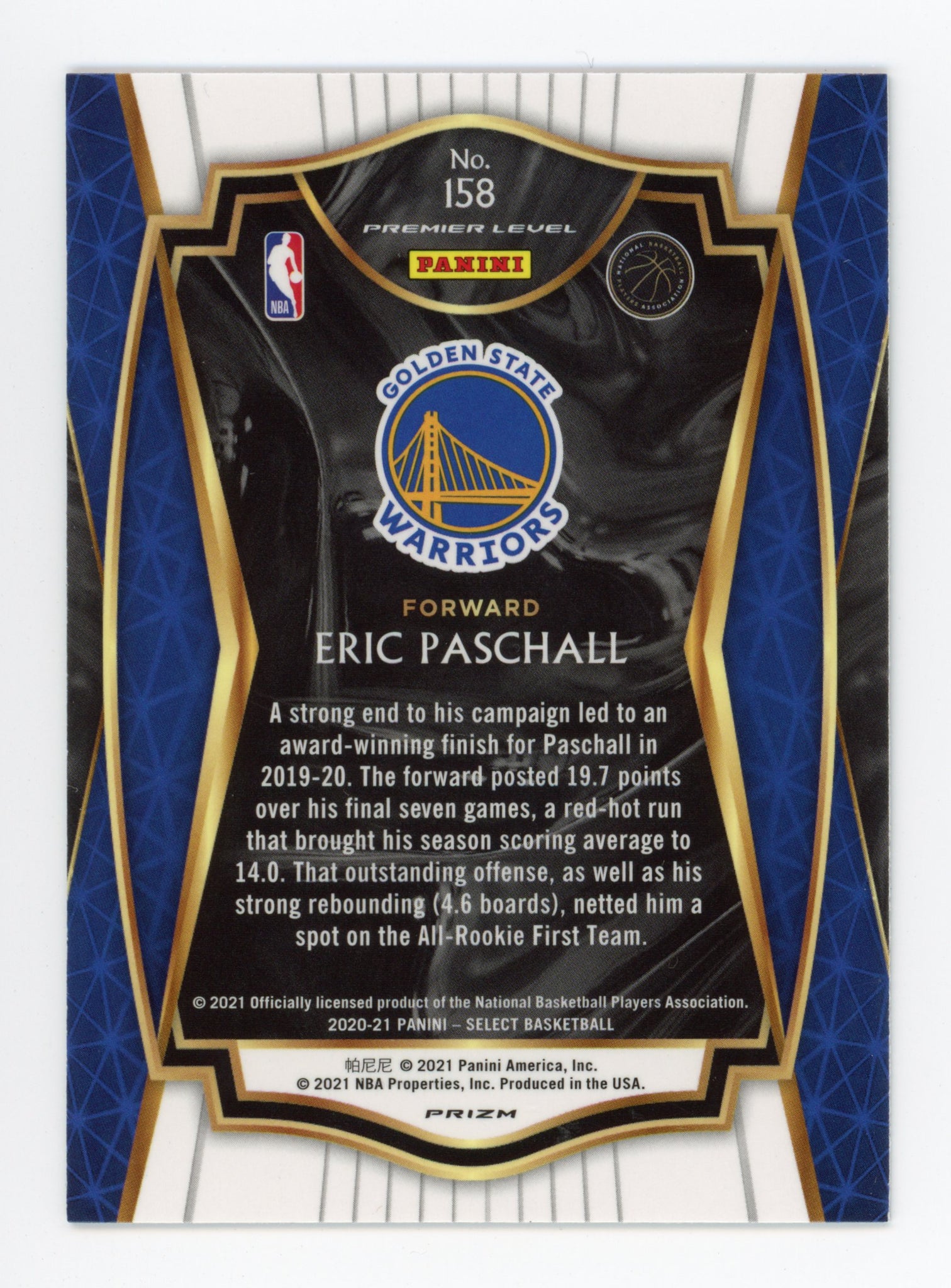 2020-2021 Eric Paschall Premier Level Prizm Golden State Warriors # 158