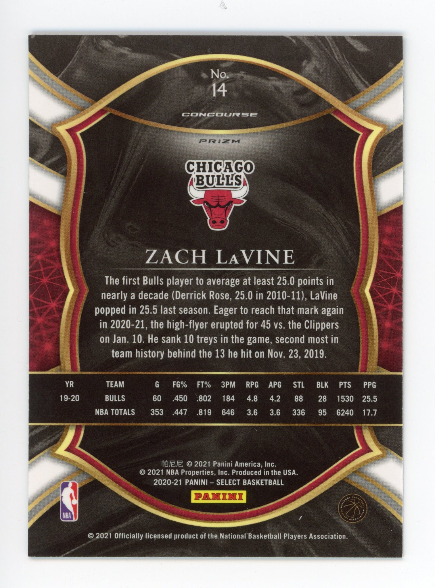 2020-2021 Zach Lavine Concourse Prizm Chicago Bulls # 14