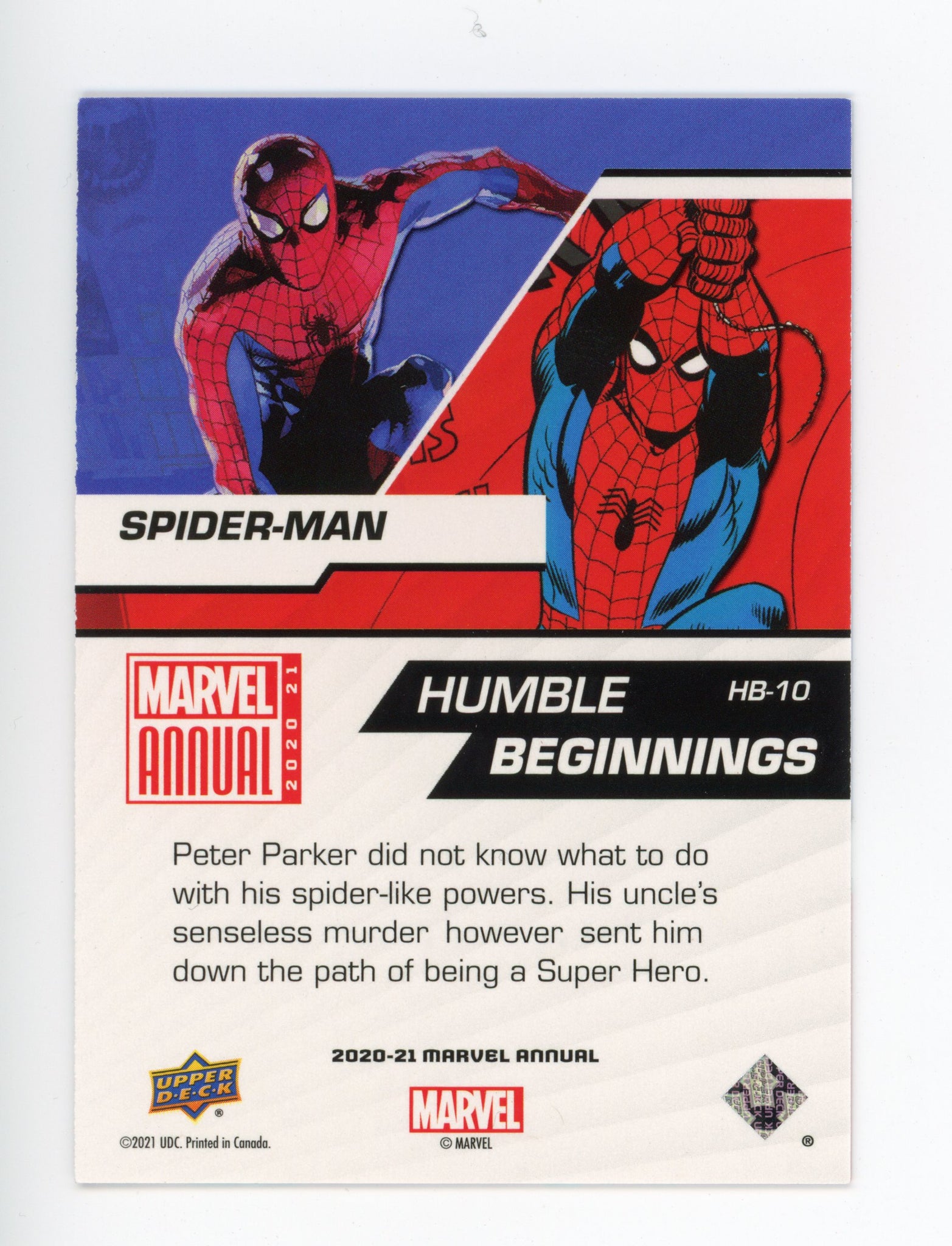 2020-2021 Spider-Man Humble Beginnings Upper Deck Marvel Annual # HB-10