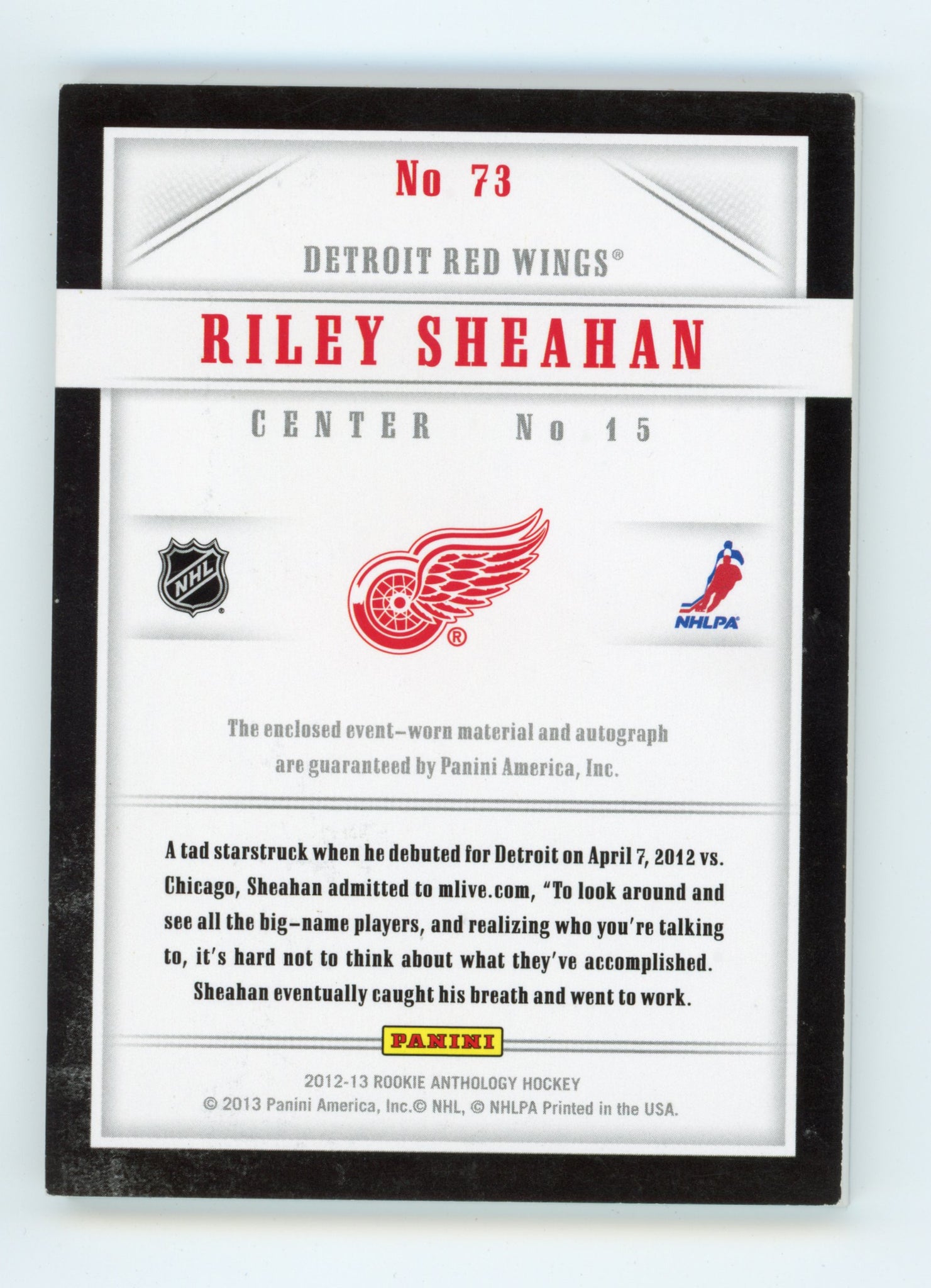 2012-2013 Riley Sheahan Luxury Suite #d /25 Auto Detroit Red Wings # 73