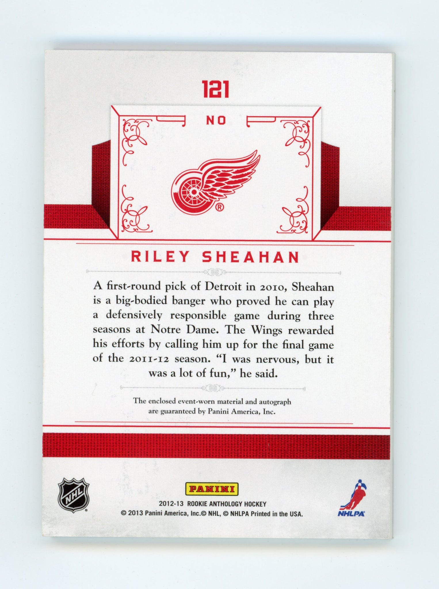 2012-2013 Riley Sheahan Rookie Treasures Auto #d /499 Panini Detroit Red Wings # 121