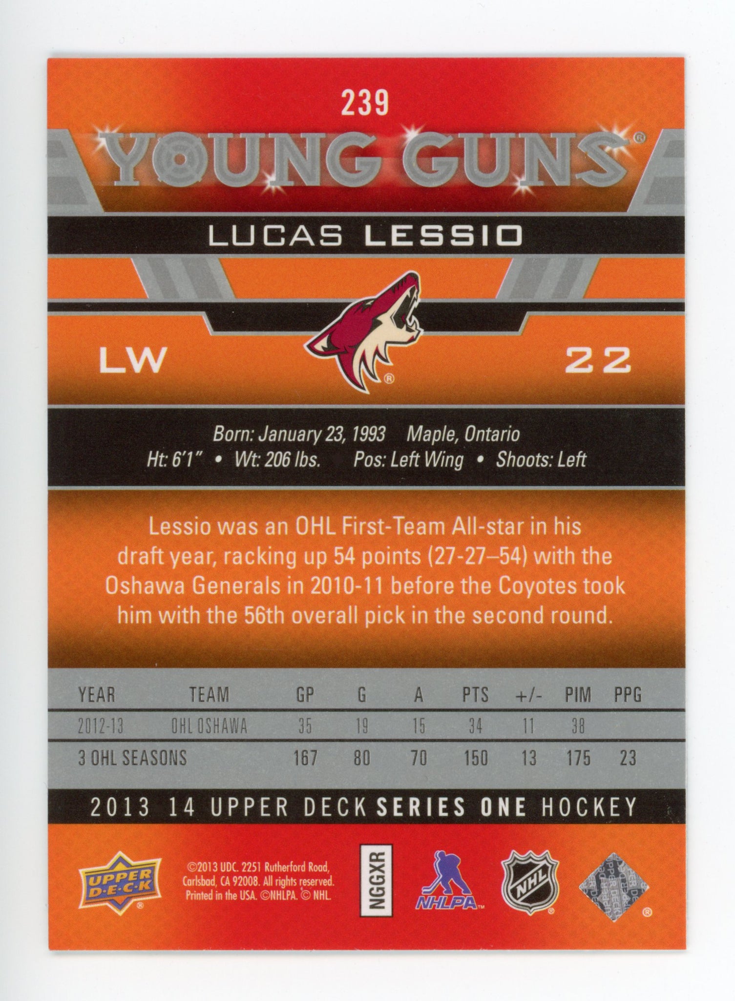 2013-2014 Lucas Lessio Young Guns Upper Deck Series 1 Arizona Coyotes # 239